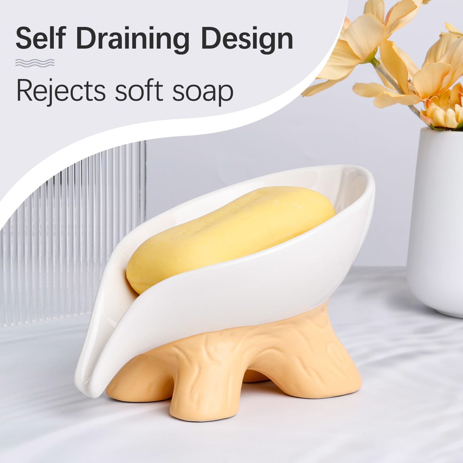 Soap Dish, Soap Holder Self Draining Leaf Shape Soap Dishes, Ceramic Draining Soap Dish For Bathroom Shower, White Farmhouse Soa