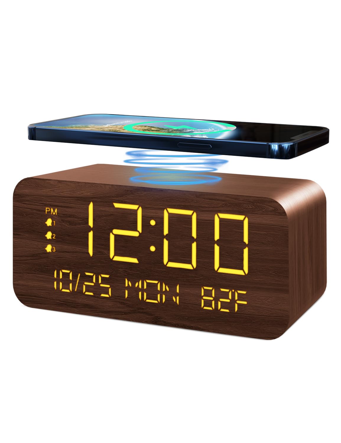 Digital Alarm Clock, with Wooden Electronic LED Time Display, 3 Alarm Settings, 10W Wireless charging, Day of the week, Temperat