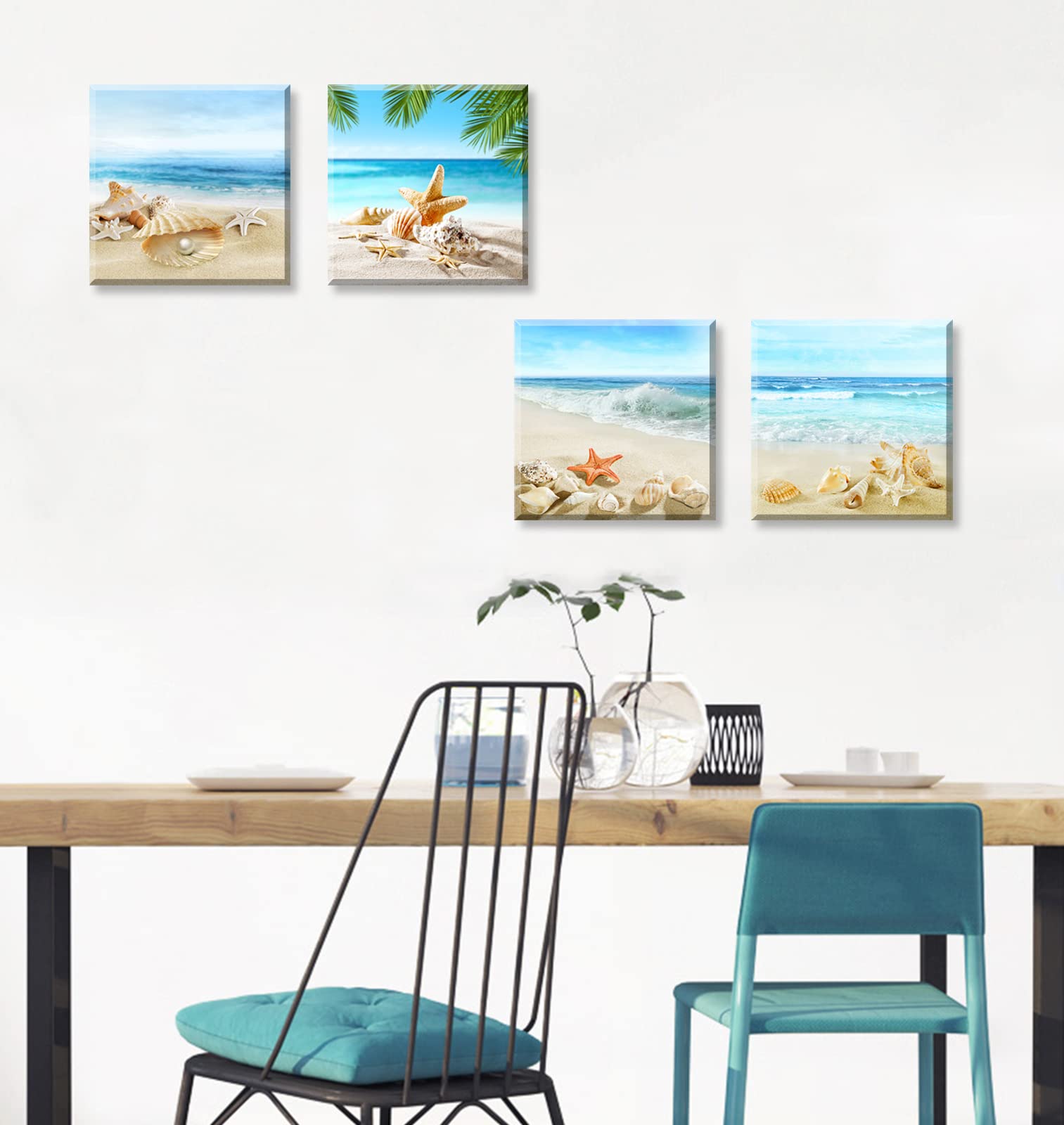 JiazuGo Beach Wall Art Bathroom Paintings Decor Seashell Starfish Nature Canvas Pictures Blue Ocean Theme Decorations Posters Contemporary Nautical for Bedroom