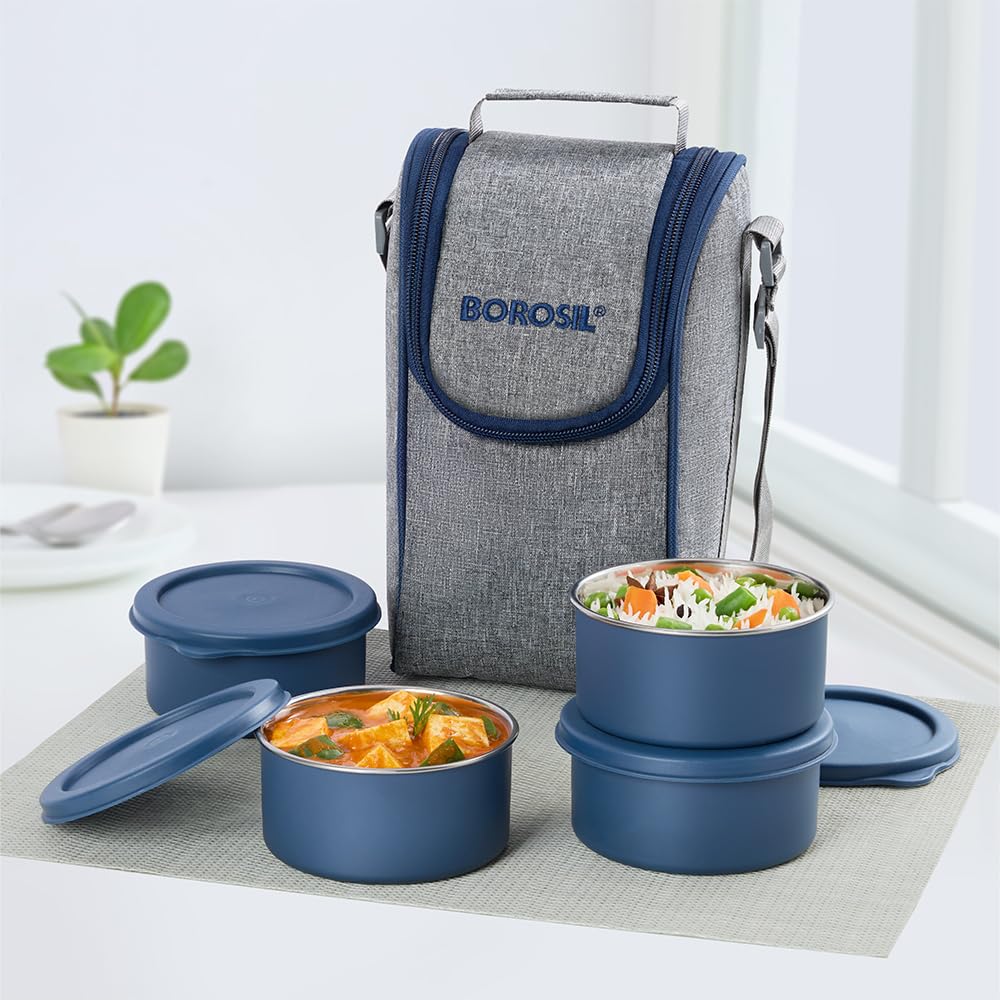 Borosil Carrymore Microwavable Stainless Steel Lunchbox With Bag | 300Ml X 4 Pc Round Container Set | Tiffin With Food Grade Ste
