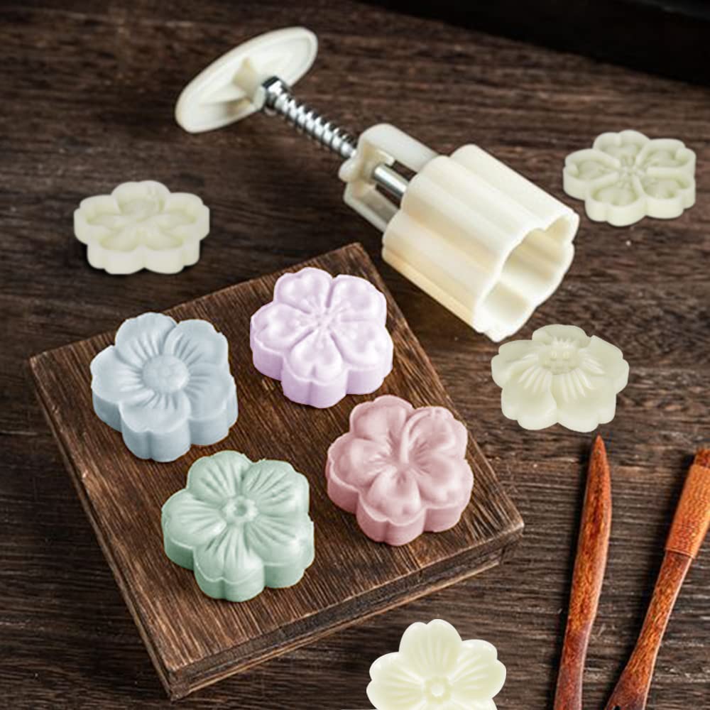 2 Set Mooncake Mould Press With 10 Stamps, Finegood Round Cherry Blossom Mooncake Mould Dessert Decoration For Diy Cookie Hand P
