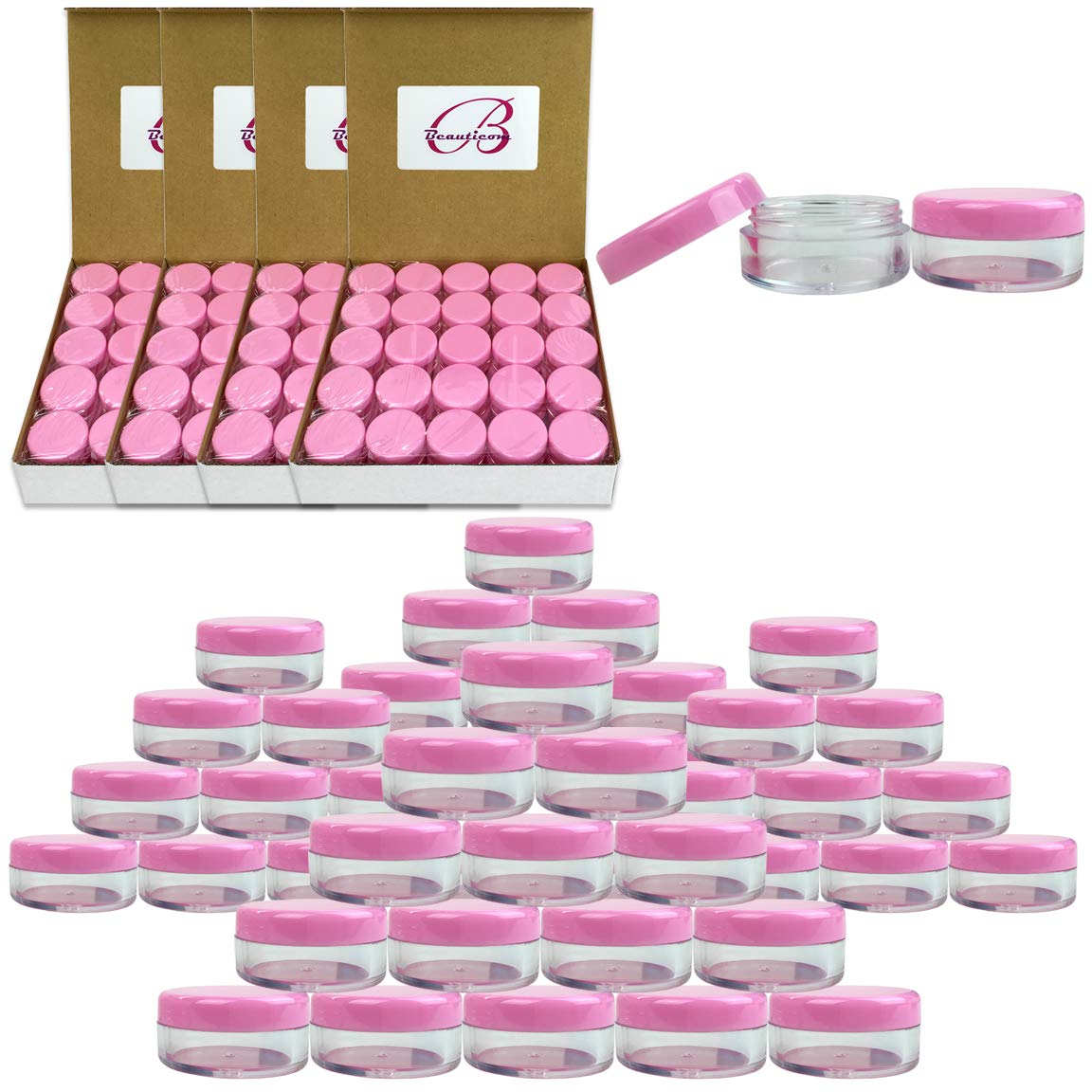Beauticom (Quantity: 500 Pcs) 5G/5Ml Round Clear Jars With Pink Lids For Makeup, Lotion, Creams, Eyeshadow, Cosmetic Product Sam