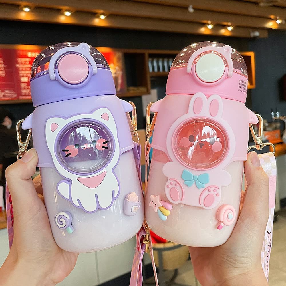 Excvalues Kawaii Bear Water Bottle With Straw And Shoulder Strap, 25Oz Cute Large Capacity Water Bottles With 3D Stickers For Gi