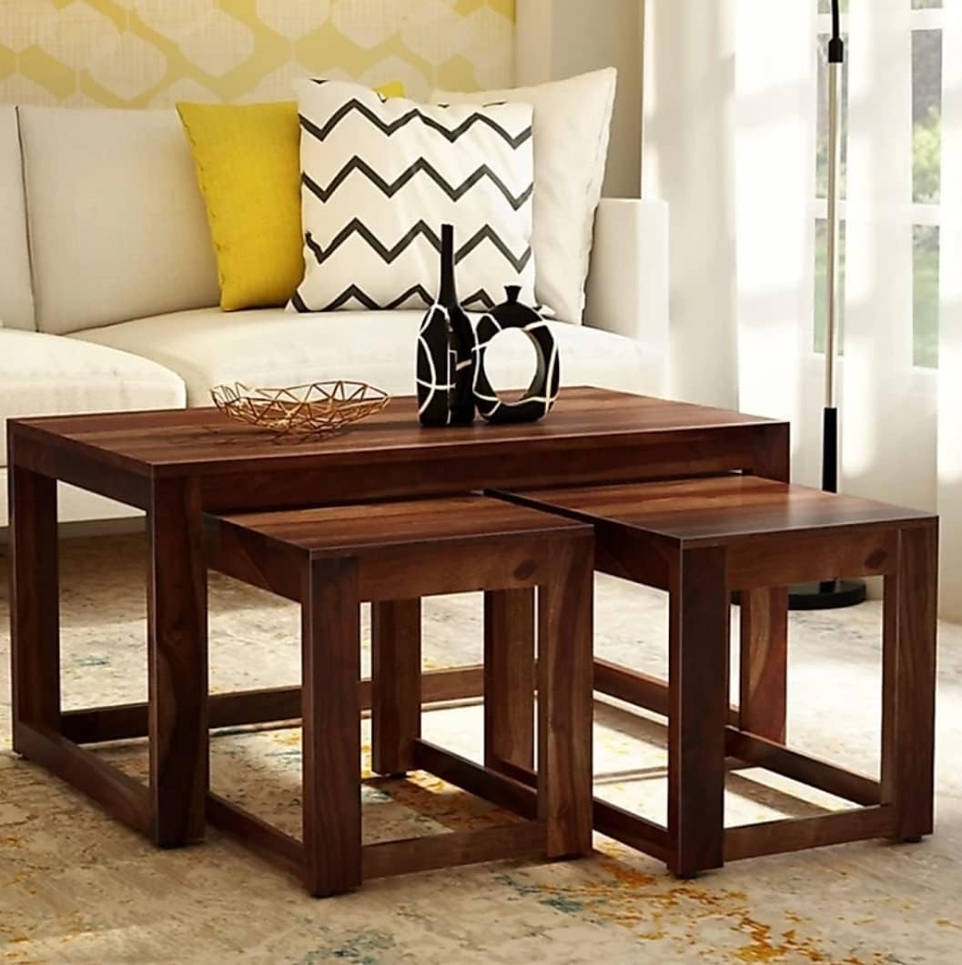 Vishwakarma Decor Wooden Coffee Table For Living Room | Solid Wood 2 Stools Center Tea Table For Home (Natural Finish)