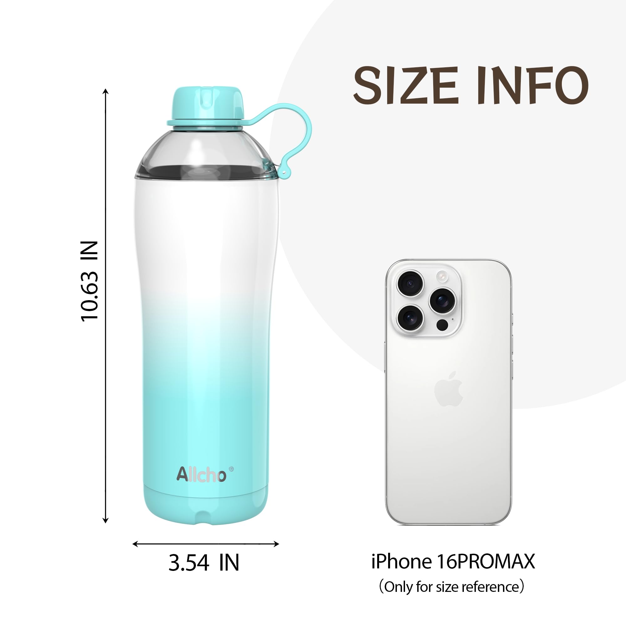 Allcho Insulated Water Bottle for Women, 24 oz Stainless Steel Water Bottles, Double Walled, 2 Lids (Chug & Tumbler) - Hydrate &