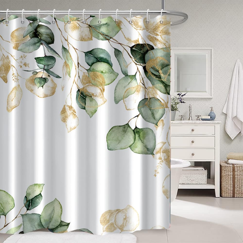 Ruelvth Sage Green Eucalyptus Shower Curtain, Green And Gold Leaves Shower Curtain For Bathroom Waterproof Fabric Spring Botanic