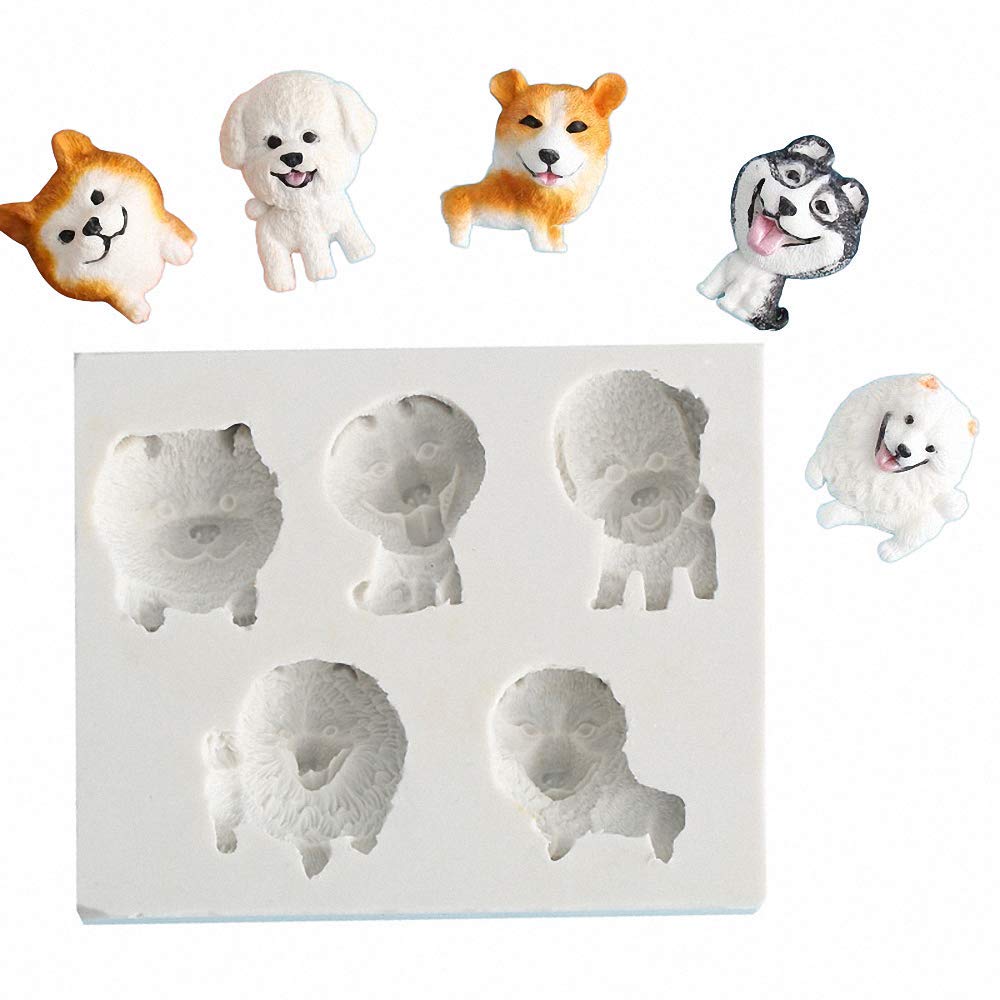 5-Cavity Puppy Dogs Fondant Mold Shiba Inu Corgi Teddy Bear Dog Samoyed Husky Silicone Chocolate Candy Gumpaste Sugarcraft Mould