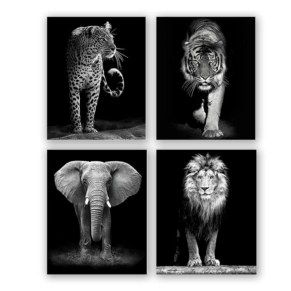 4 Set-Black And White African Wild Animal Photo Wall Art,Tiger,Lion,Elephant, Leopard Picture Canvas Wall Poster Printing,Brave
