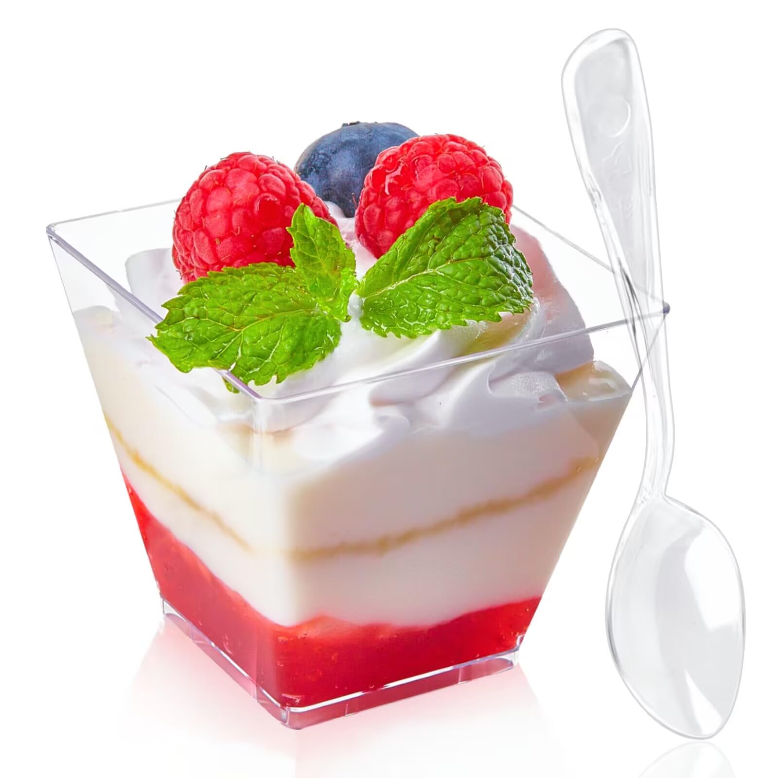 Qeirudu 50 Pack 3.5 Oz Square Mini Dessert Cups With Spoons, Plastic Dessert Cups Clear Small Parfait Shooter Cups For Party App