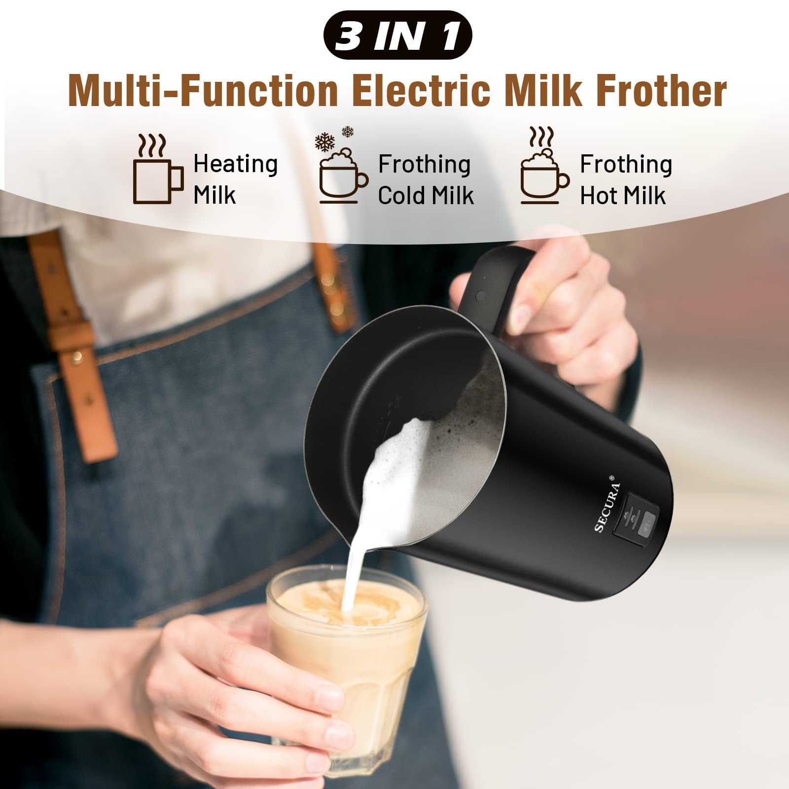 Secura Electric Milk Frother, Stainless Steel Hot & Cold Foam Maker, 8.4oz, Black, Model MMF-015