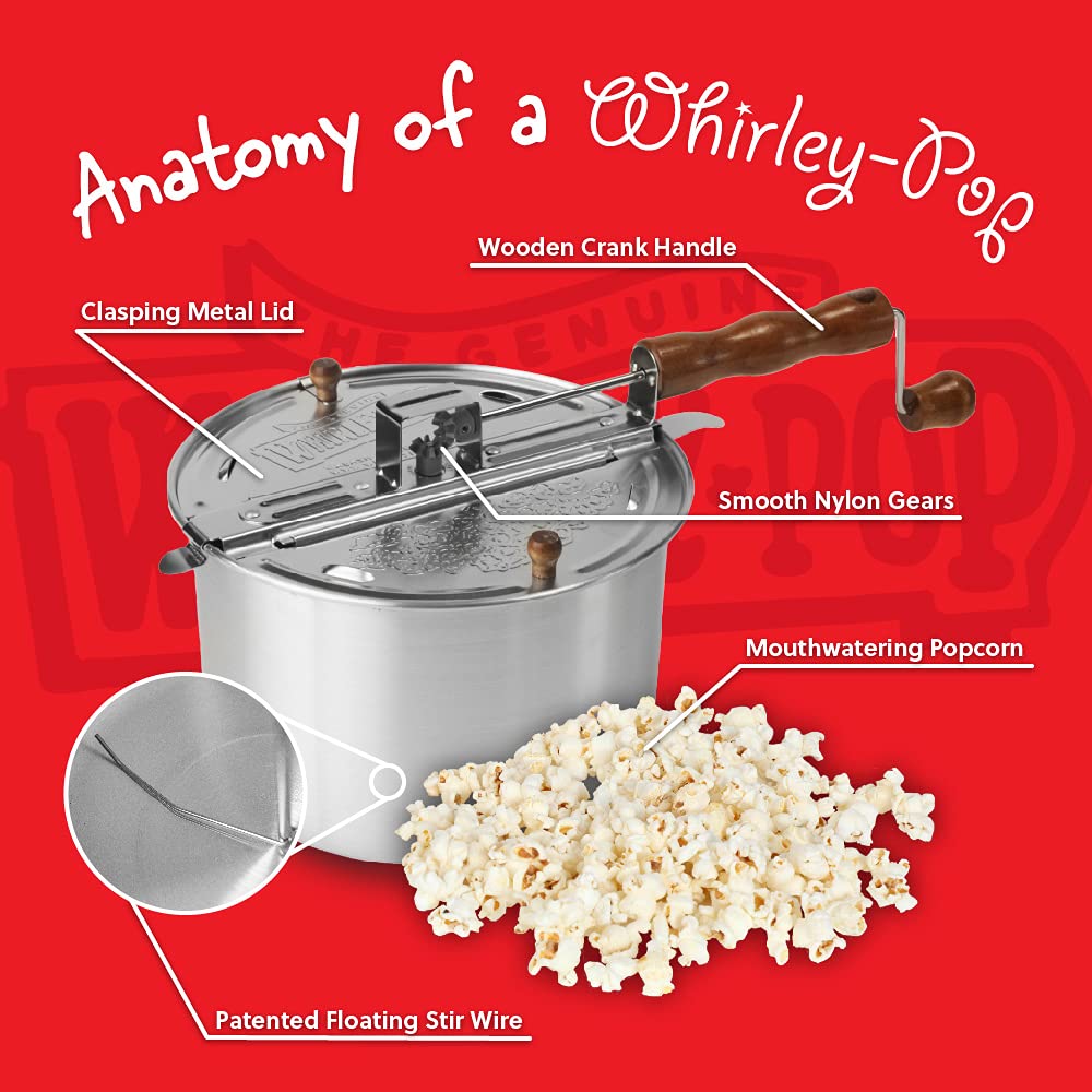 Wabash Valley Farms Red Whirley Pop - Original Whirley Pop 3-Minute Popcorn Maker, Large 6-Quarts Capacity, Metal Pan With Nylon
