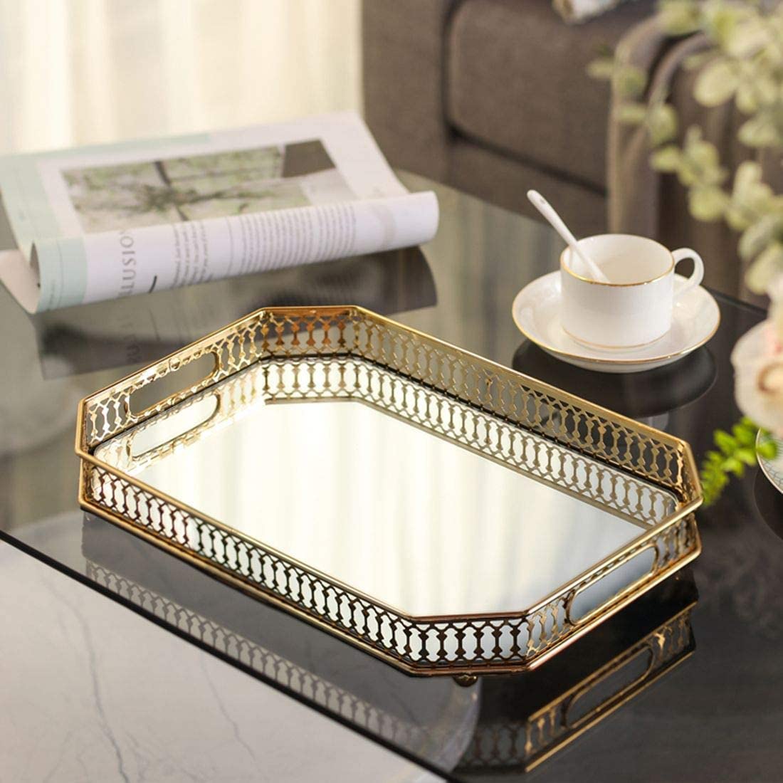 Mirror Tray, Perfume Tray, Vanity Makeup Decorative Jewelry Tray With Metal For Dresser Bathroom Bedroom Countertop Organizer, L