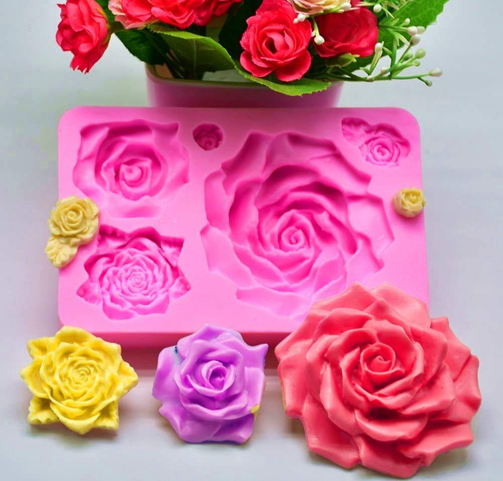 Large Rose Mold Silicone,Rose Flower And Leaves Fondant Cake Molds,Leaf Candy Chocolate Molds For Wedding Cake Decoration, Sugar