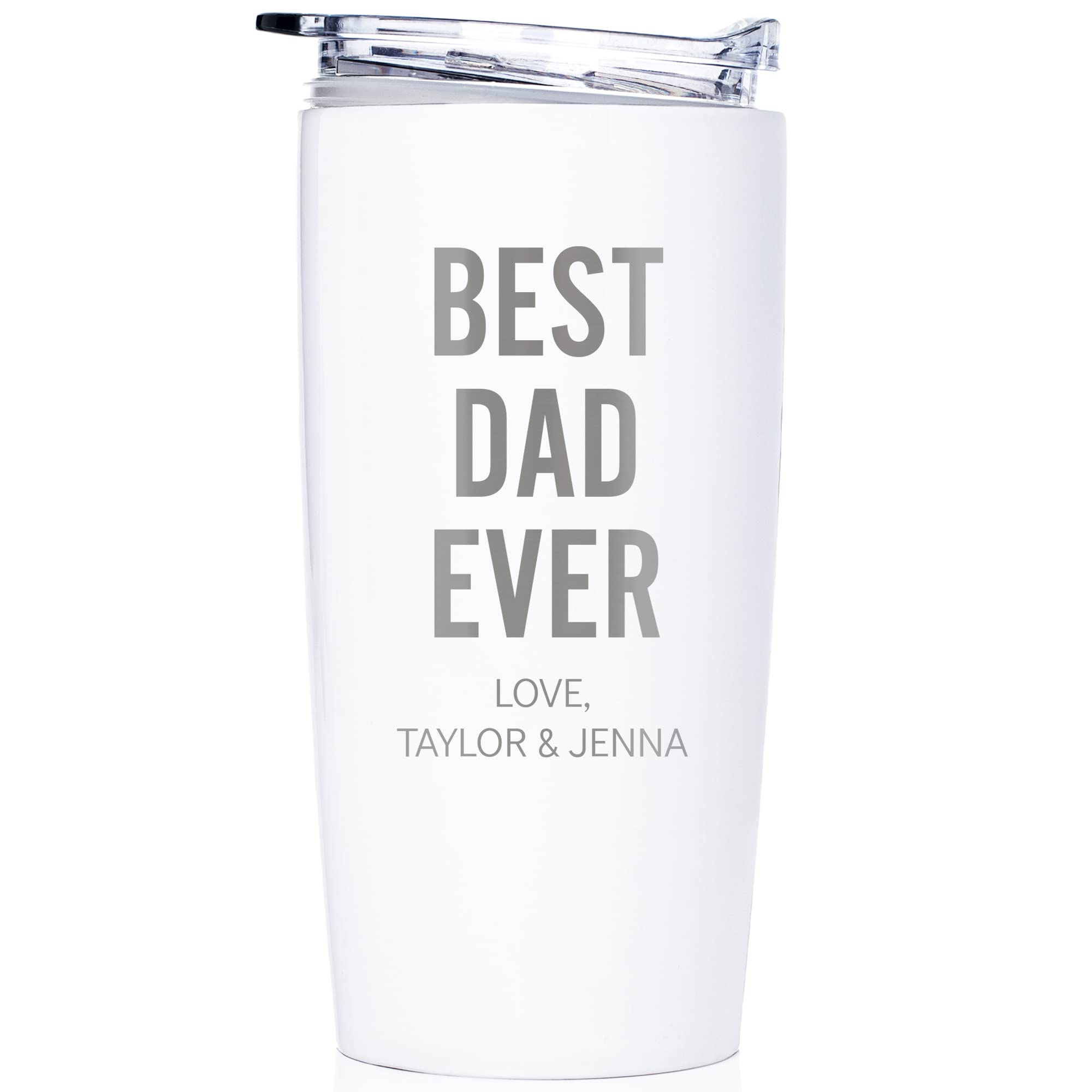 Lifetime Creations Engraved Personalized Best Dad Ever Tumbler (White) - 20 Oz Coffee Travel Mug For Dad With Kids Names, Father