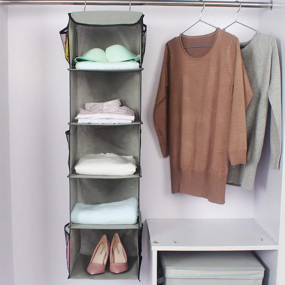 BrilliantJo 5 Shelves Hanging Closet Organizer  2 Pack Hanging Storage with 6 Side Pockets for Clothes Bags  43''x12''x12''(Gray)