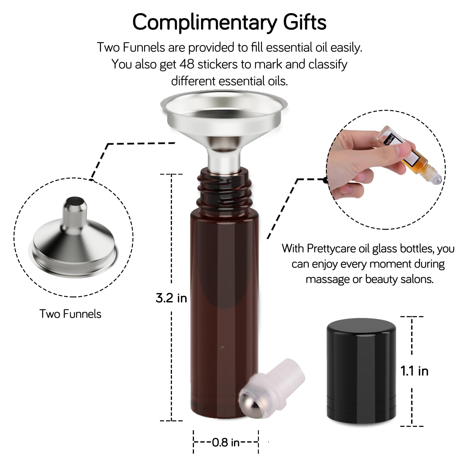 Prettycare Roller Bottles For Oils 10 Ml (Amber Glass, 6 Pack, 1 Extra Stainless Steel Balls, 12 Labels, 1 Opener, 1 Funnels Ess