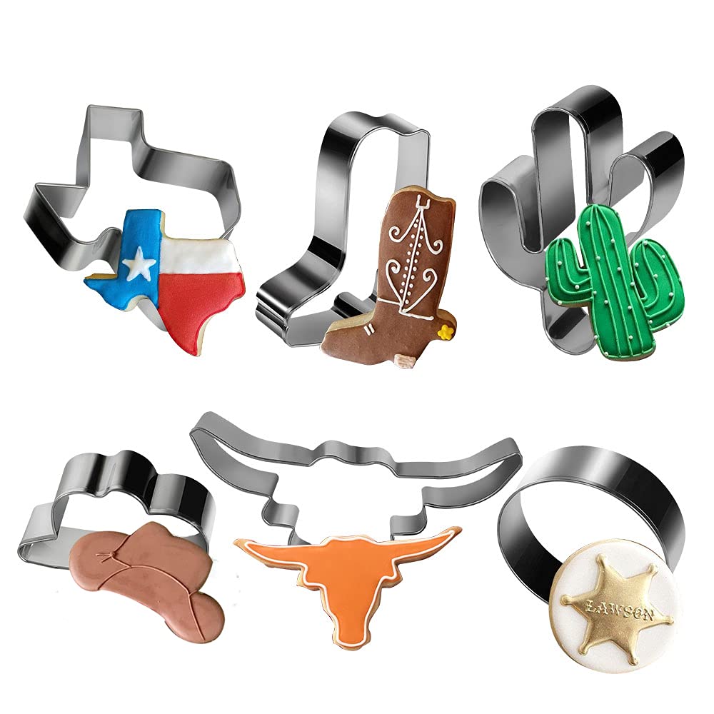 Aoerfes 6 Piece Cowboy Cowgirl Boot Texas Cutter Set, Western Cookie Cutters Cowboy Hat,Longhorn, Cactus Cutter Shaped Stainless