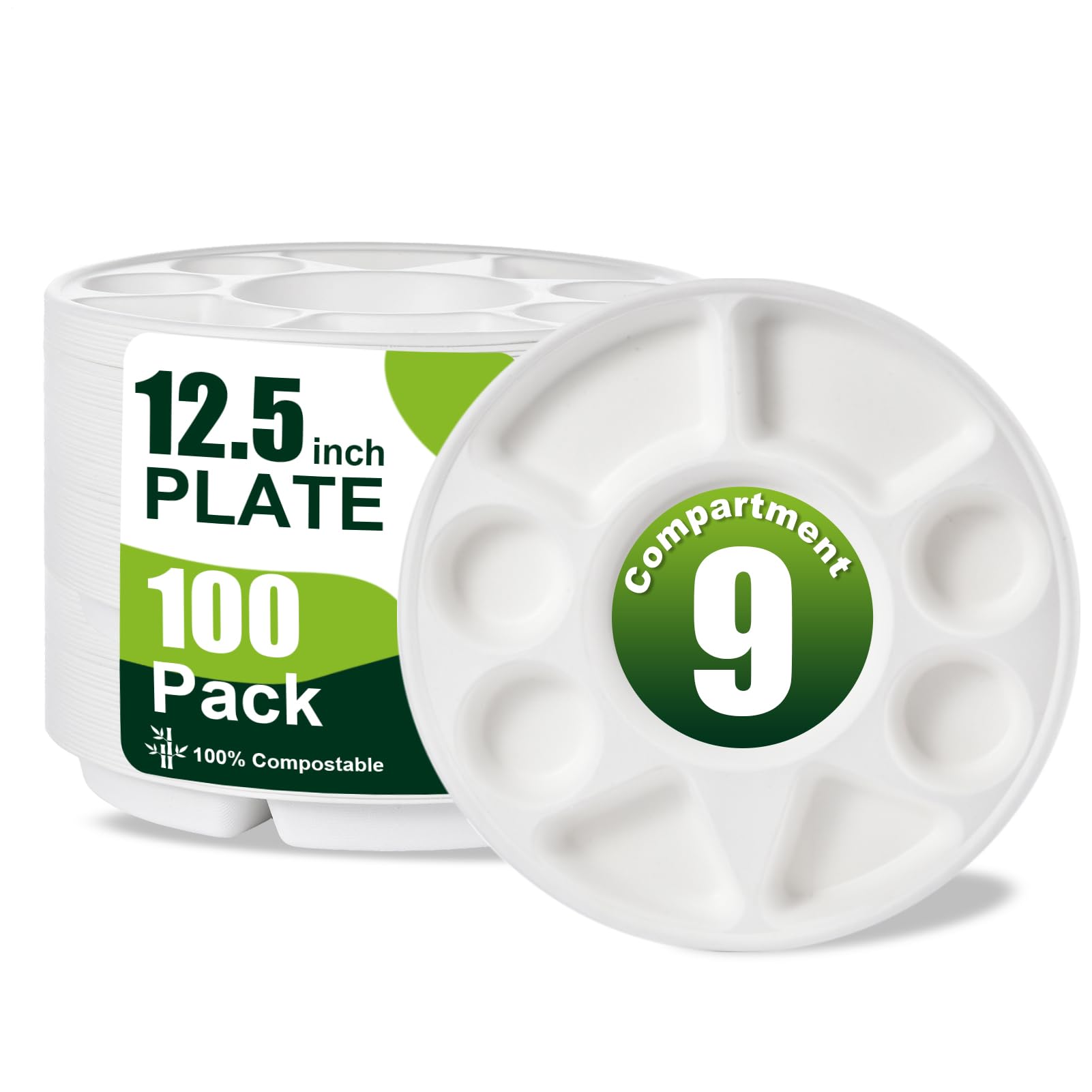 100 Pack 9 Compartment Round Biodegradables Divided Plates,12.5 Diameter 1.18 Height,Disposables & Eco-Friendly Heavy-Duty Sturd