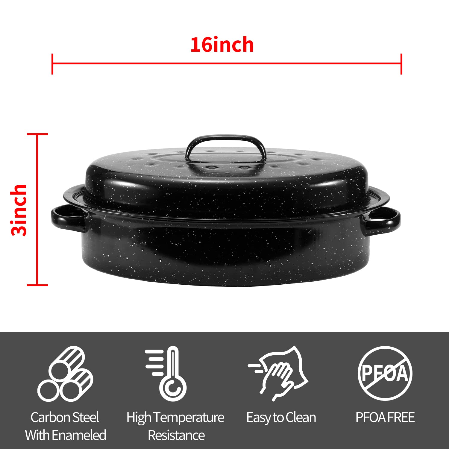 Granite Roasting Pan, Medium 16    Enameled Roasting Pan With Domed Lid. Oval Turkey Roaster Pot, Broiler Pan Great For Small Tu