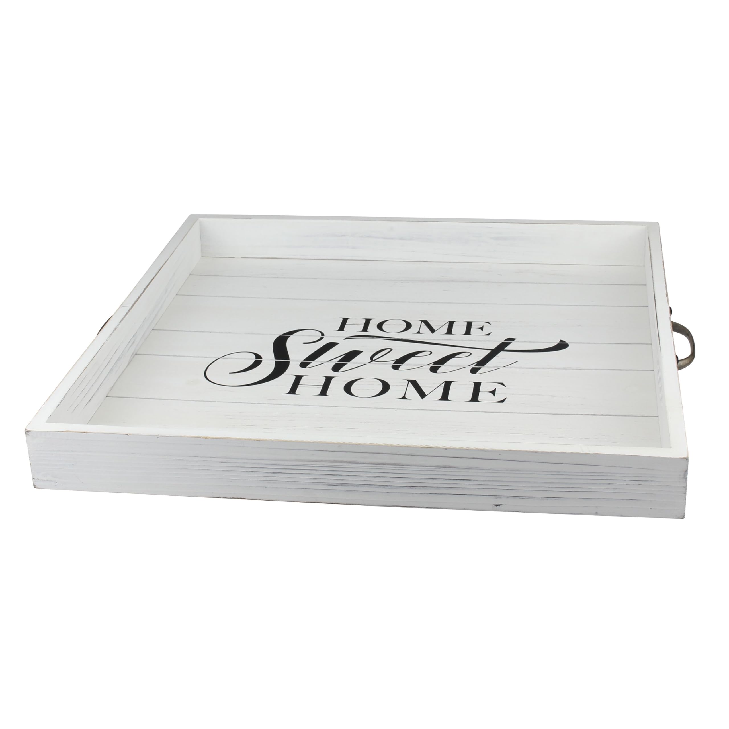 Stonebriar Square Worn White Home Sweet Home Decorative Wooden Tray With Metal Handles