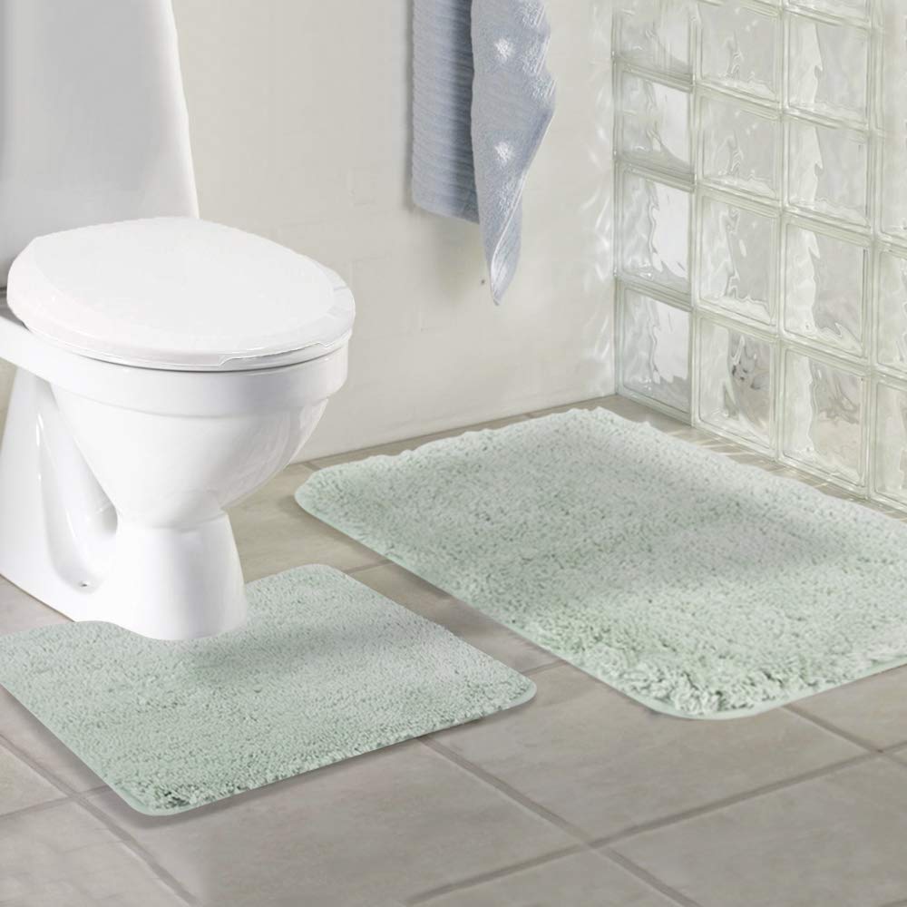 Walensee Shaggy 2 Piece Bath Rug Sets (Pale Green) 20 X 24 U Shape Contour Rug & 20 X 32 Bathroom Rug Machine Wash/Dry Bath Mats