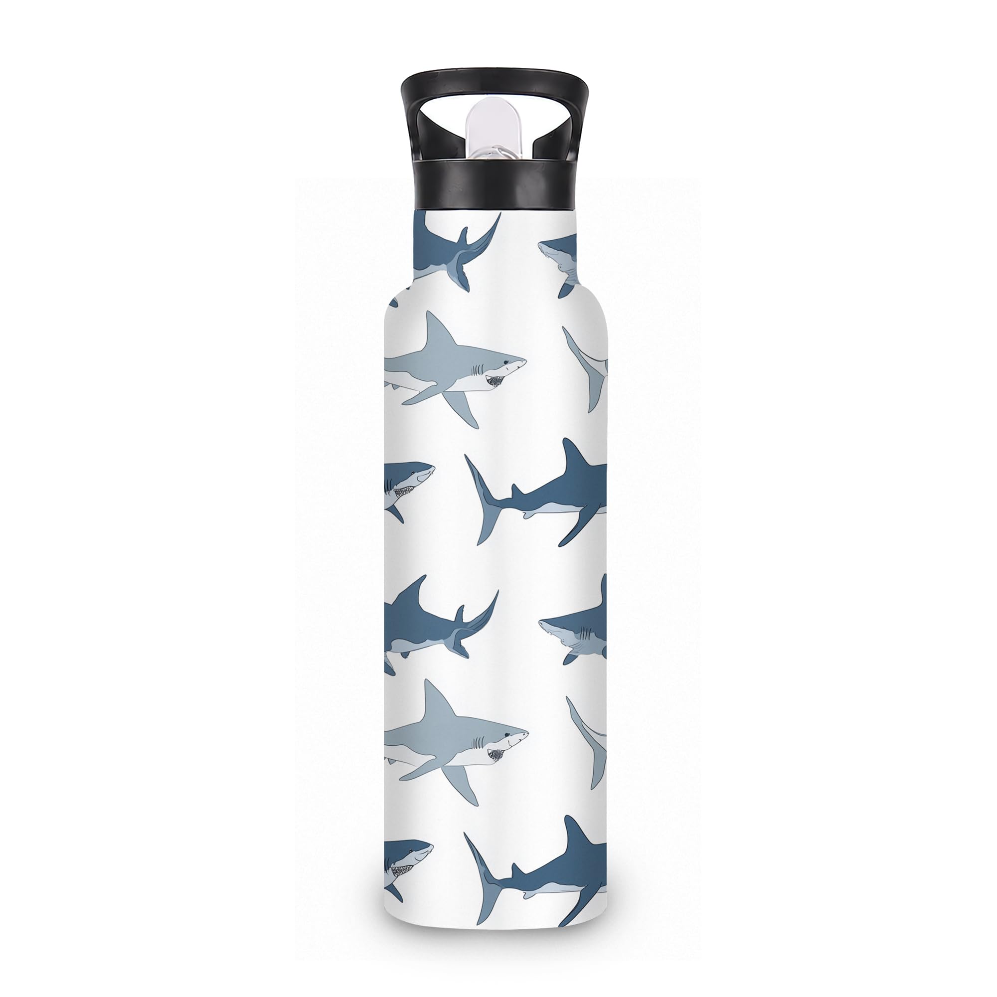 ICRICR Insulated Water Bottle,Sharks 20 oz Stainless Steel Water Bottles with Straw Lid,Wild Fish Leak Resistant Double Insulate