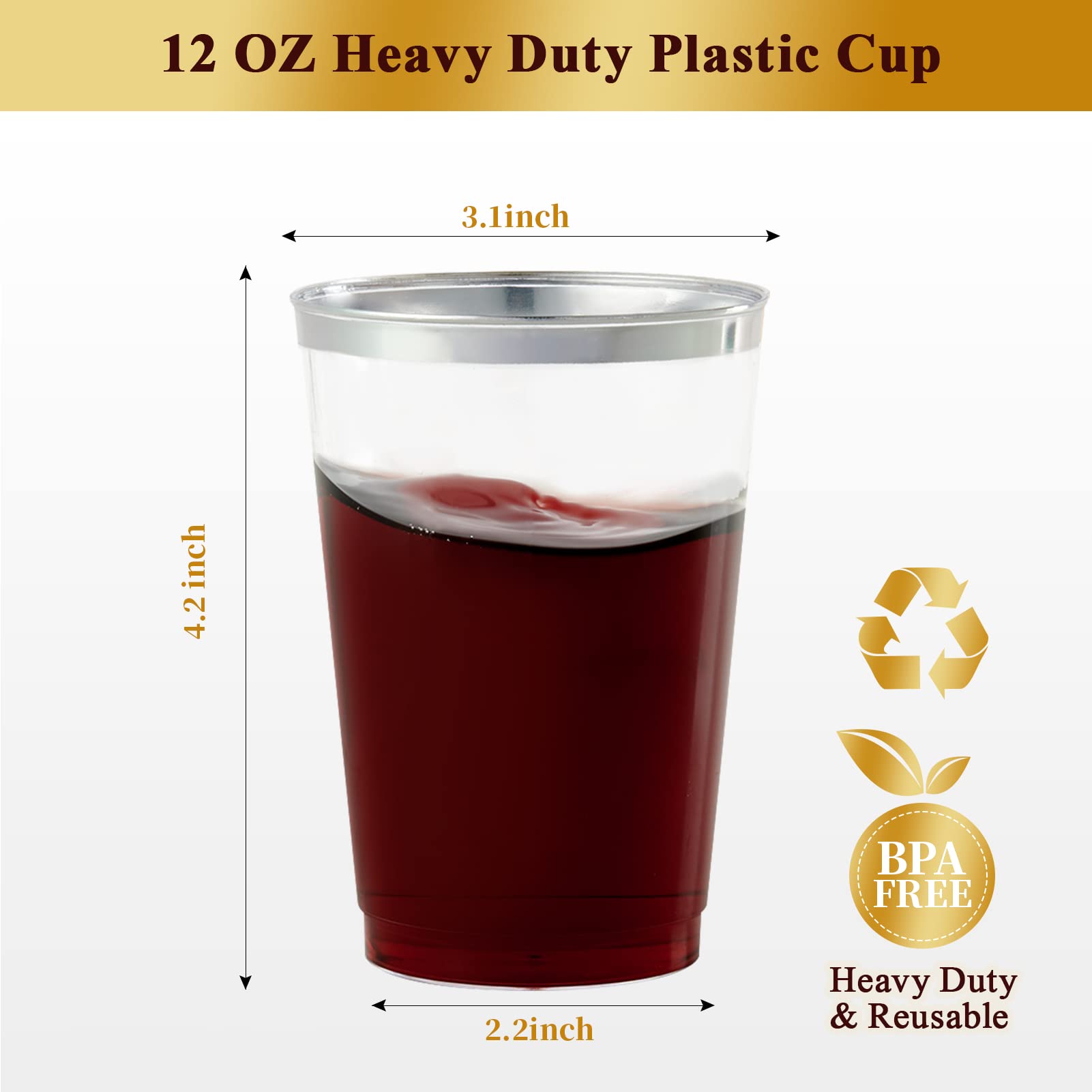 Vplus 150 Pack 12 Oz Silver Rimmed Plastic Cups, Reusable Clear Plastic Cups, Disposable Heavy Duty Plastic Cups Perfect For Wed