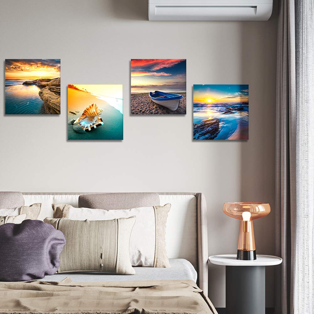 Artscope 4 Pieces Canvas Prints Wall Art - Sunset Seaside Scenery Picture Painting- Modern Wall Artwork Framed For Bathroom Home