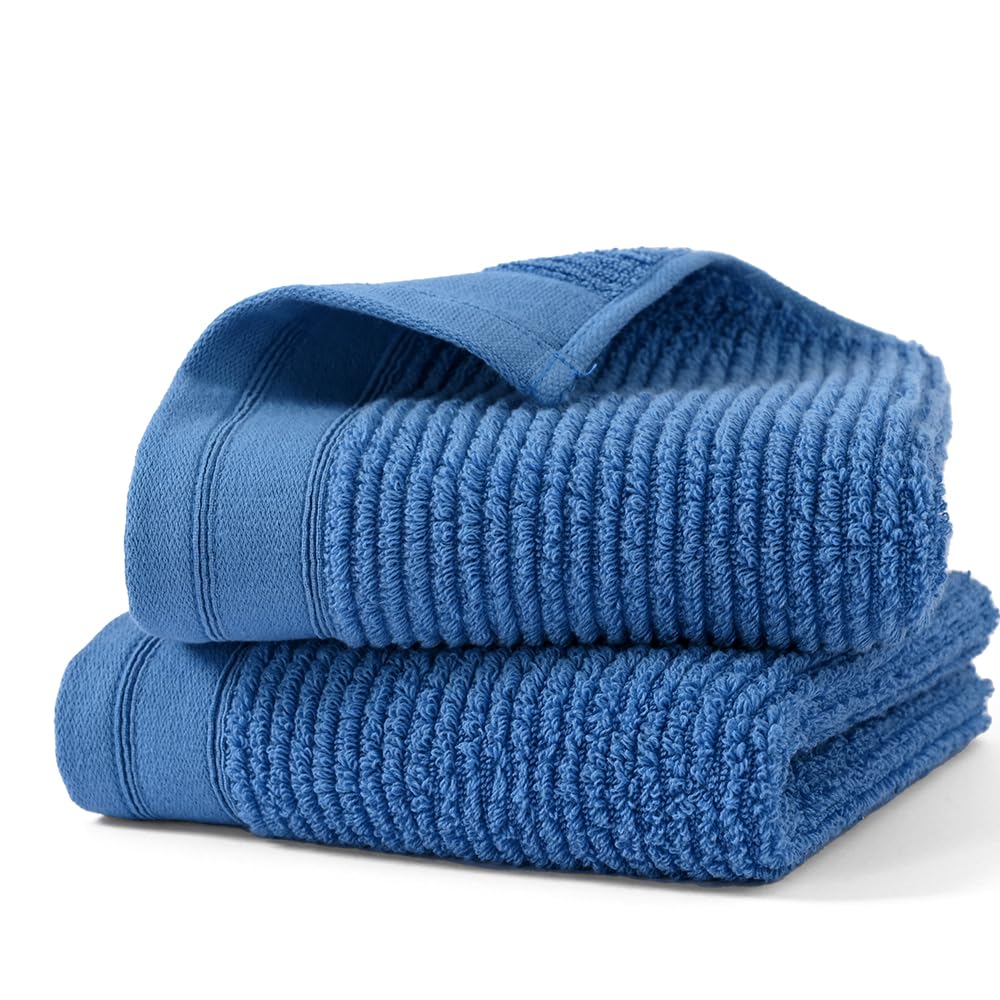 Yiluomo 100% Cotton Blue Hand Towel Set Of 2 Ribbed Striped Pattern Soft Absorbent Decorative Towel For Bathroom 13 X 29 Inch
