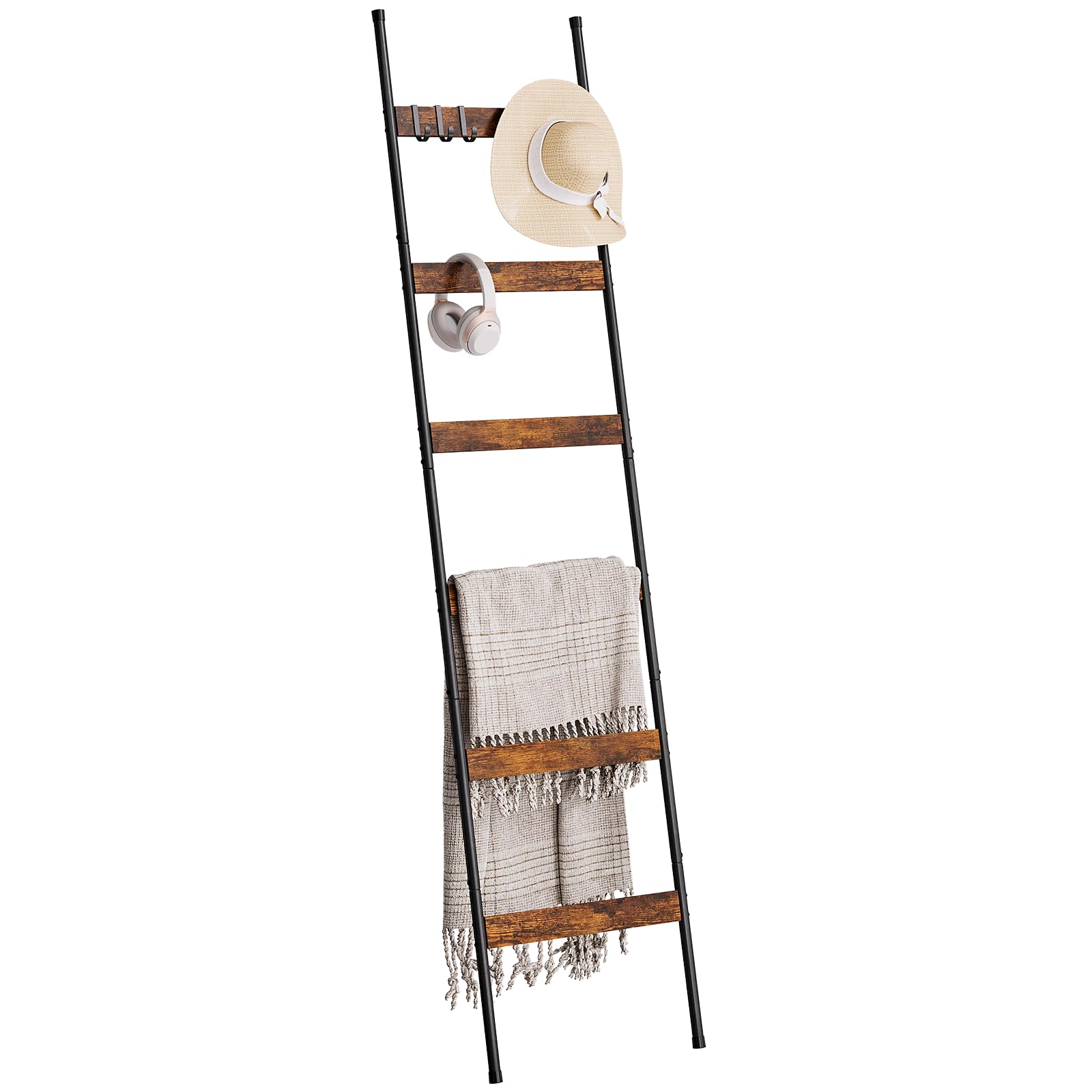 ELYKEN Blanket Ladder for Living Room, Farmhouse 6-Tier Quilt Holder with 4 Removable Hooks for Bathroom, Wood Towel Rack Displa