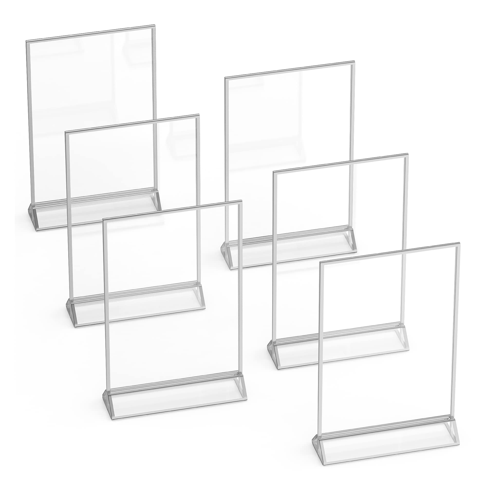 Silver Picture Frames Double Sided - 6 Pack - 4X6 Acrylic Silver Table Number Holders, Clear Easel Table Stands For Signs, Silve