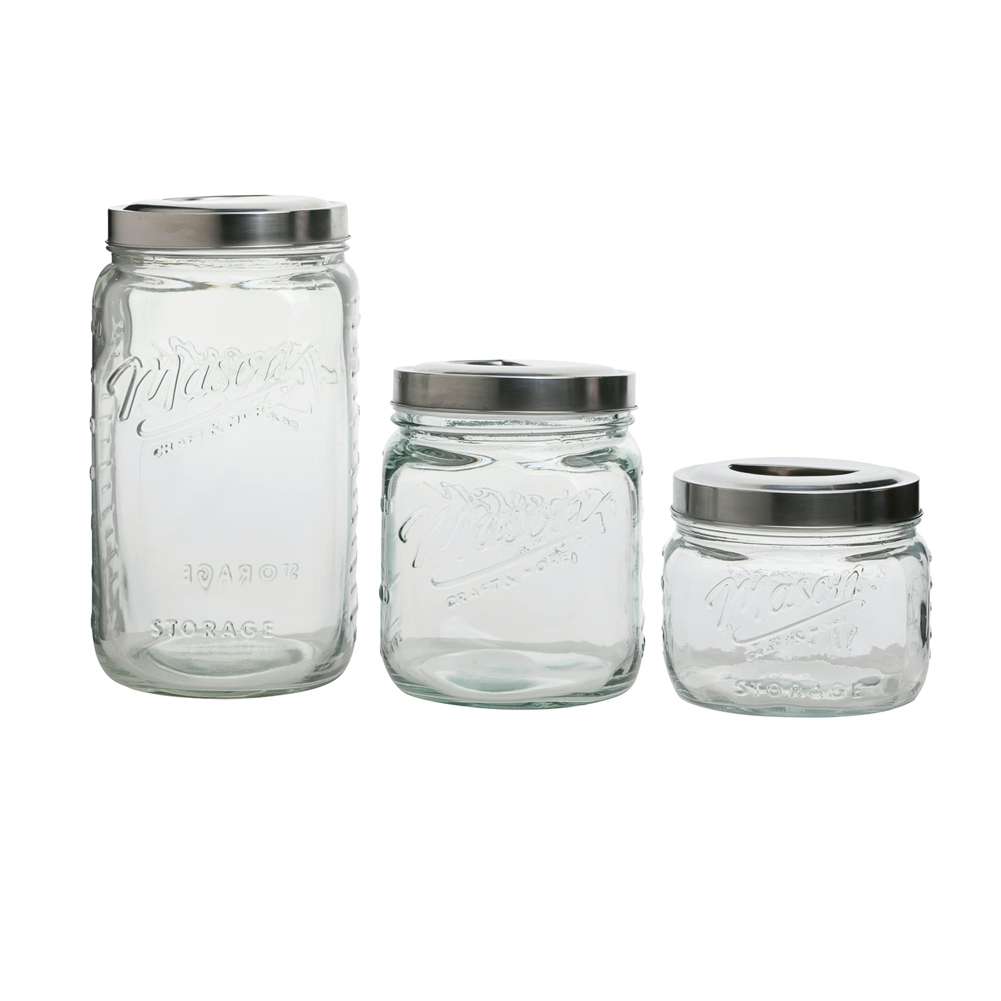 Mason Craft & More Glass Pop Up Canister Set, 3PC (1.6L, 2.75L, 4.6L), Airtight Food Storage, Clear