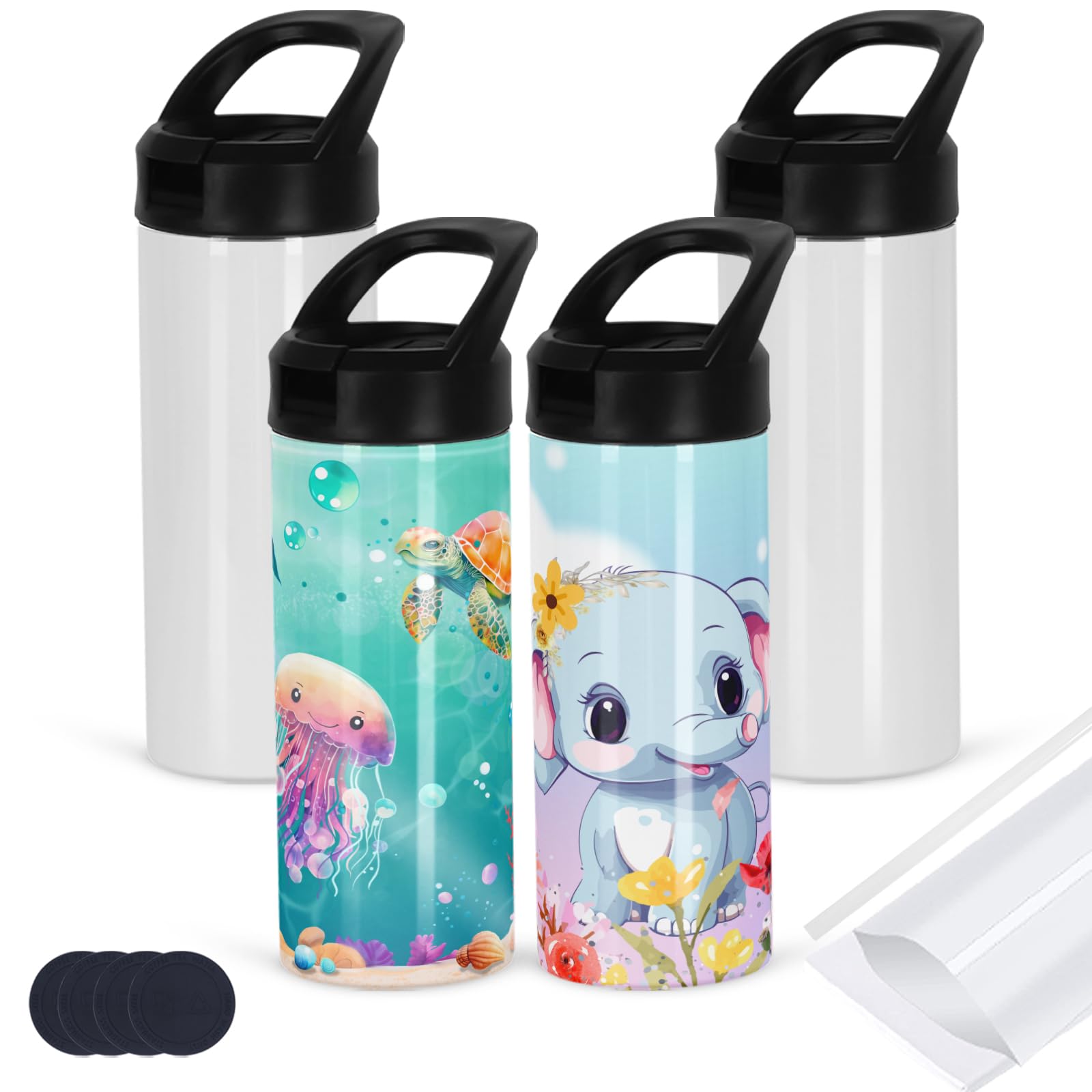 4 Pack Kid Sublimation Sports Water Bottle Blanks, 15 Oz Sublimation Tumblers Bulk Leak Proof Stainless Steel Bottles Flask with