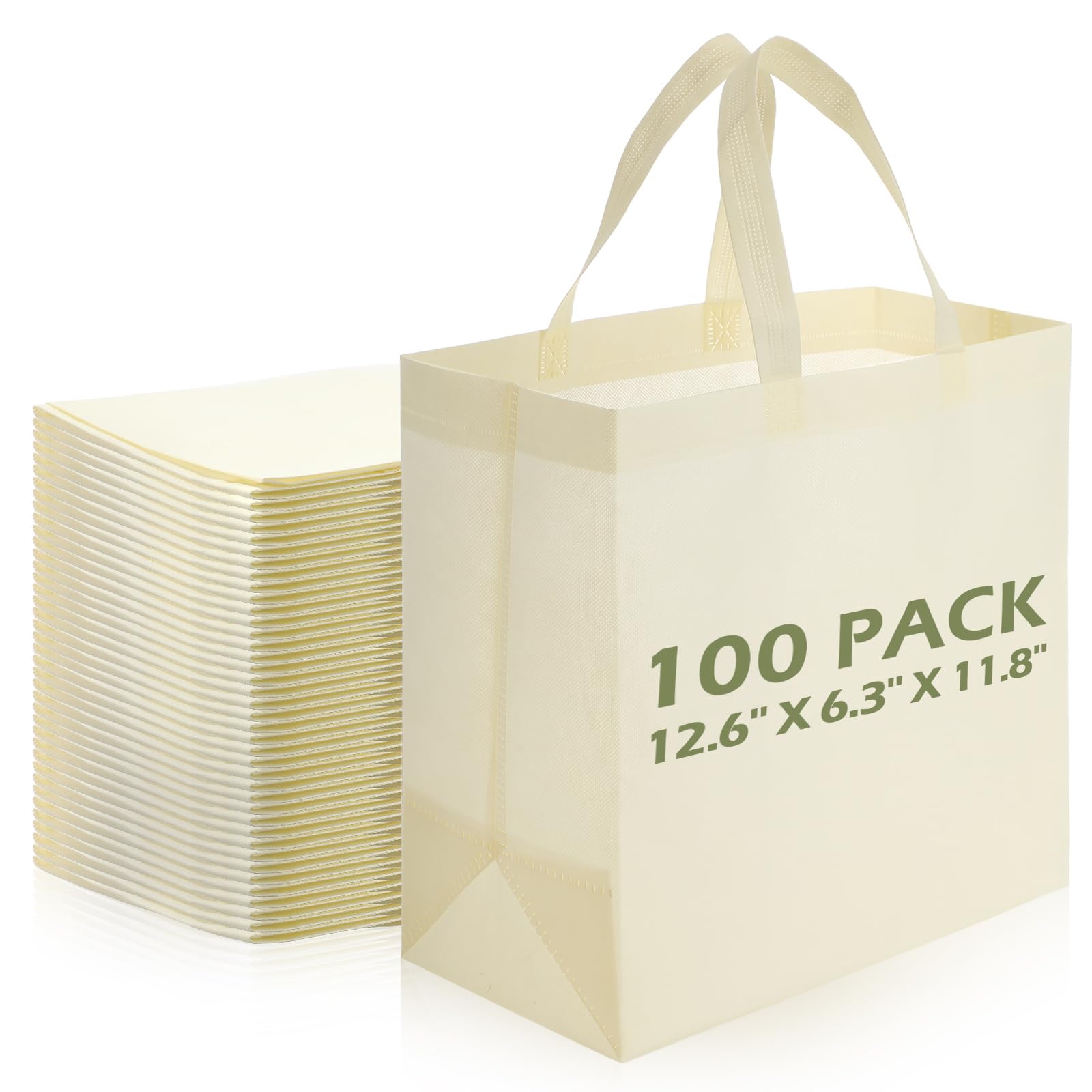 100 Pieces Reusable Totes Bag Set Non Woven Grocery Bag With Handles Fabric Portable Tote Bag Bulk(Beige)