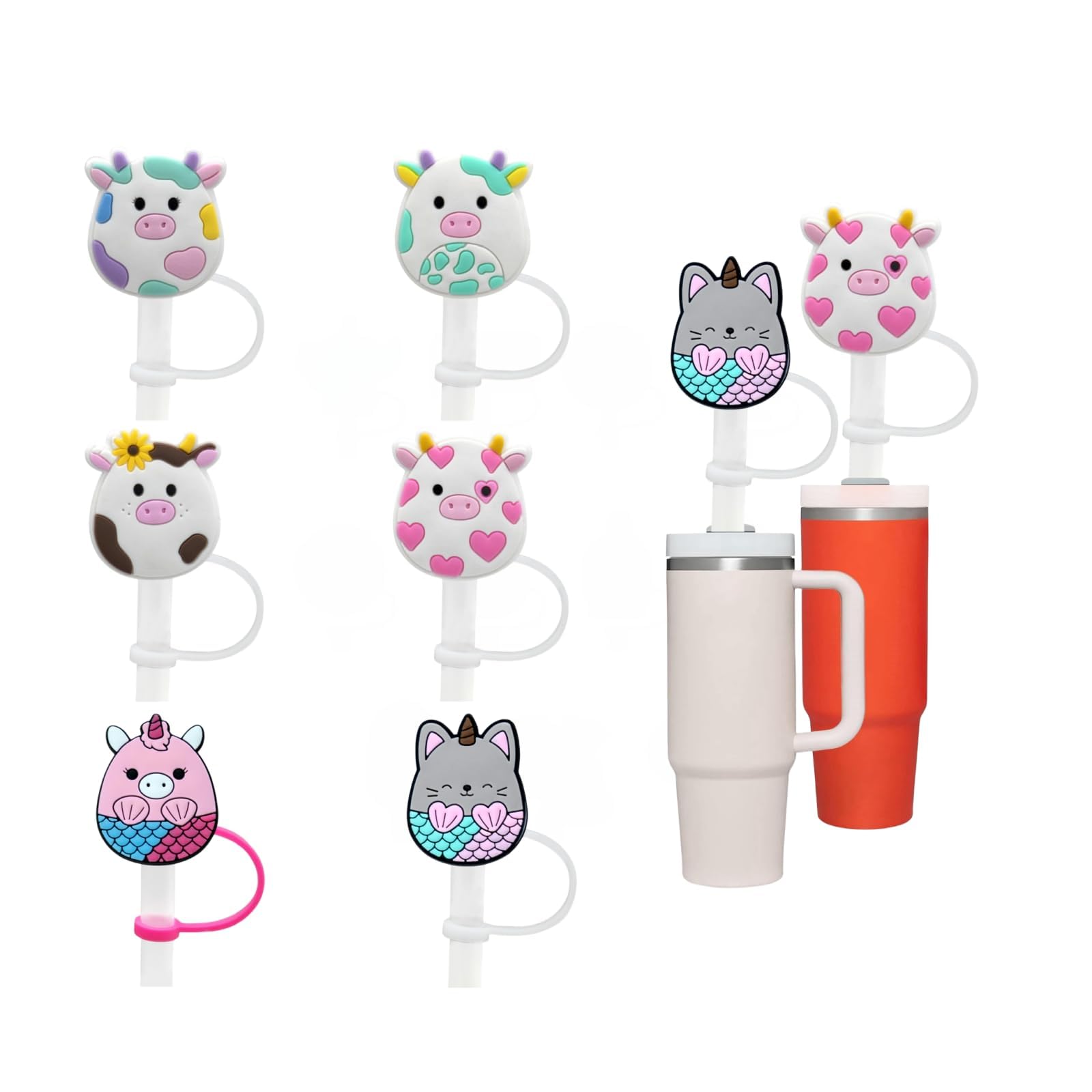 6 Pcs Cow & Cat Cartoon Silicone Tumbler Straw Cap, Cute AntiDust Cover for Tumbler, Reusable Decorative Topper, Portable Cup A