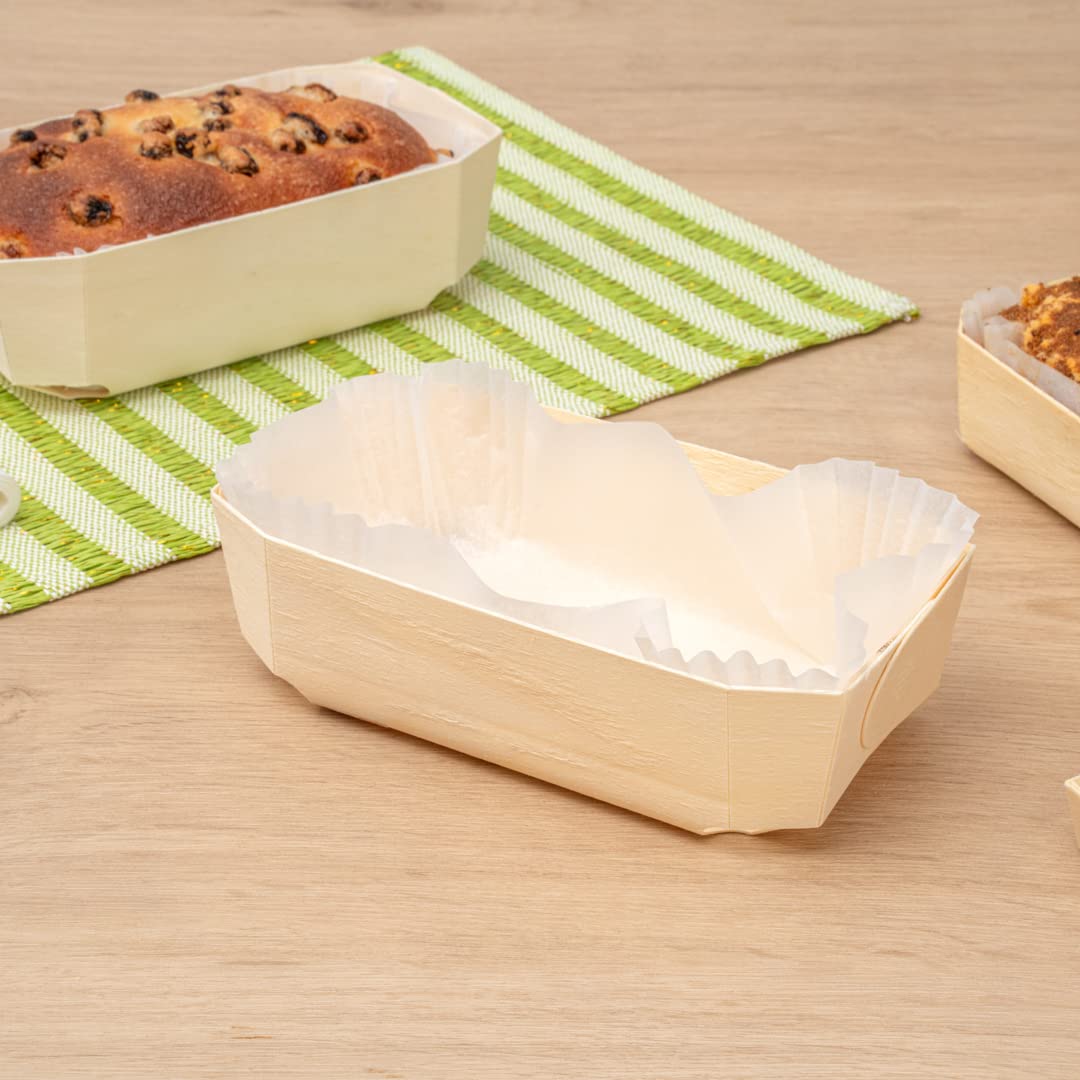 Restaurantware Taipei 34 Ounce Wooden Baking Molds 100 Oven Ready Disposable Loaf Pans - With Paper Liners Greaseproof Wood Cont