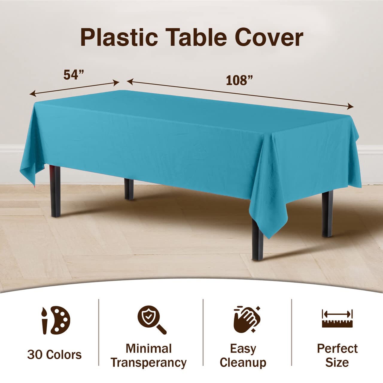 Exquisite 6-Pack Premium Plastic Tablecloth 54In. X 108In. Rectangle Plastic Table Cover - Turquoise