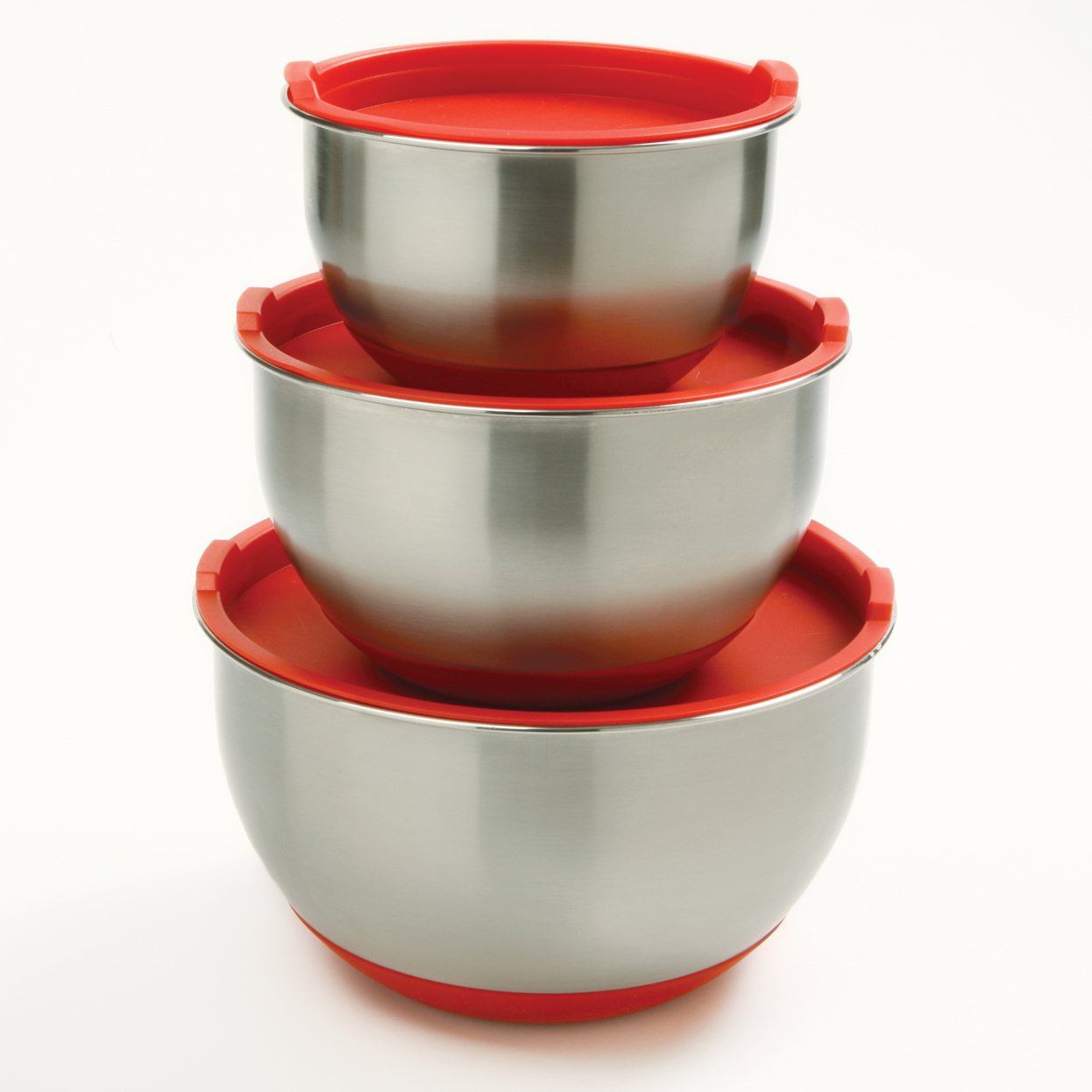 Norpro 3-Piece Stainless Steel Grip Bowls With Lids, Red