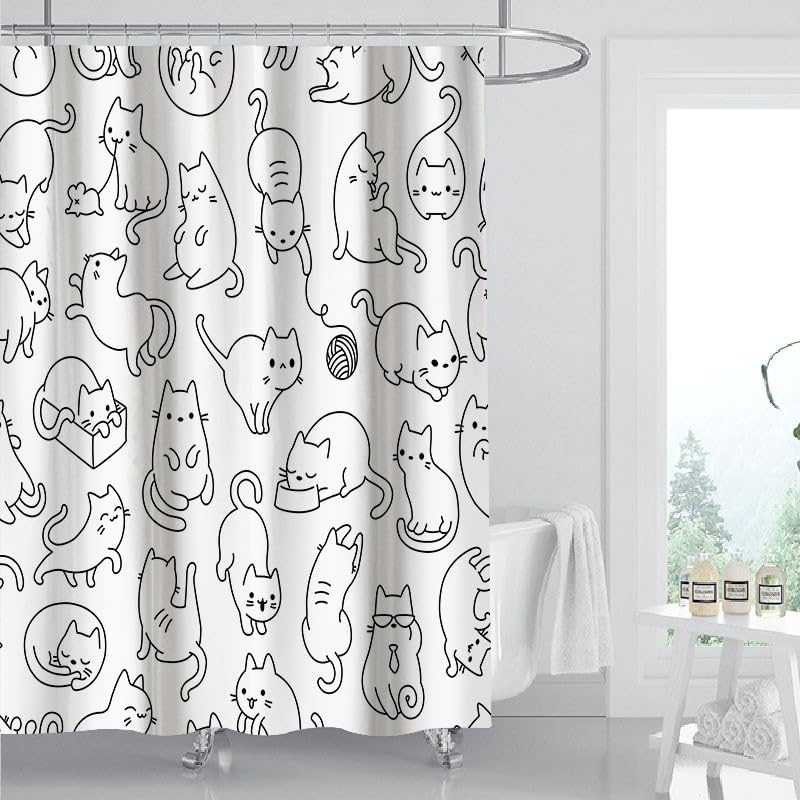 Icosamro Cat Shower Curtain For Bathroom With Hooks, Black And White Cute Cartoon Colorful Kittens Funny Decorative Long Cloth F