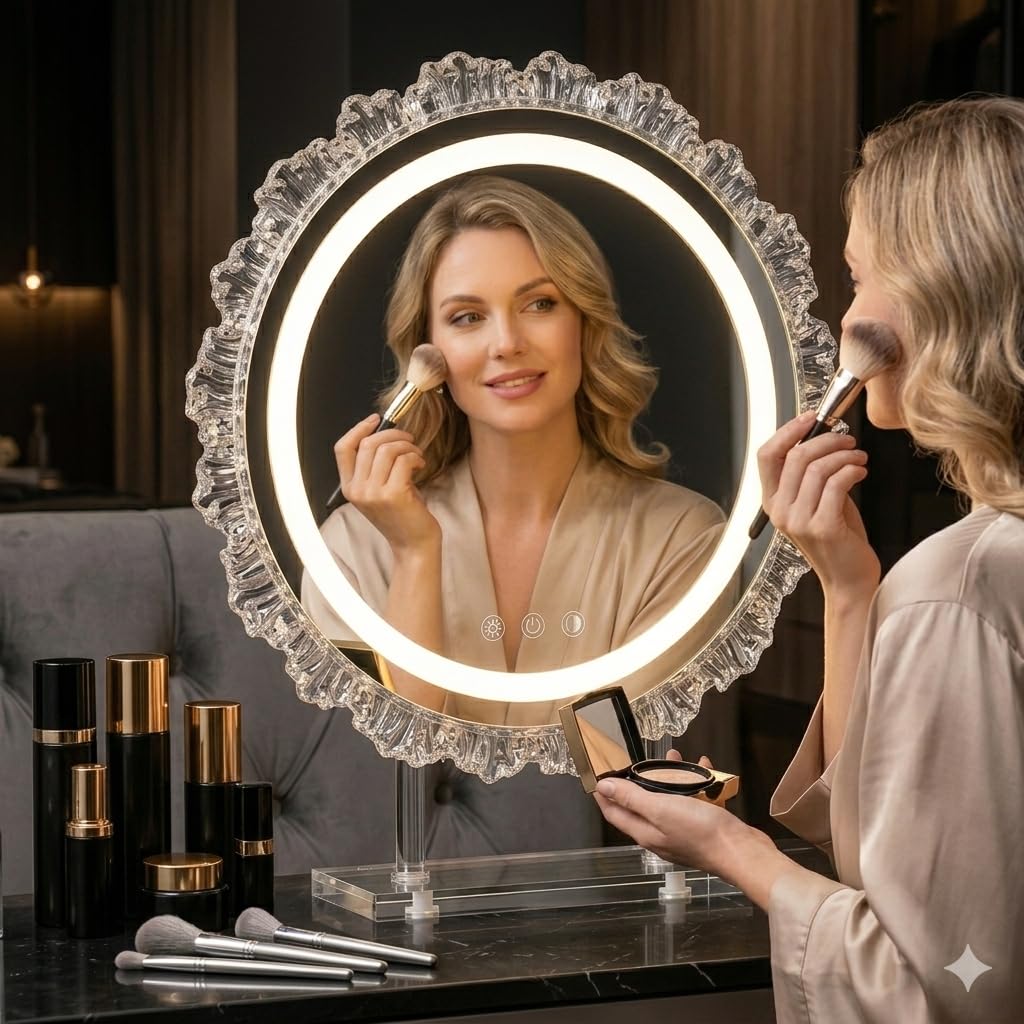 Glymphalon 16 Hollywood Round Vanity Mirror with Lights, 3-Color LED Light Modes, Dimmable Makeup Mirror with Smart Tap Panel, 3