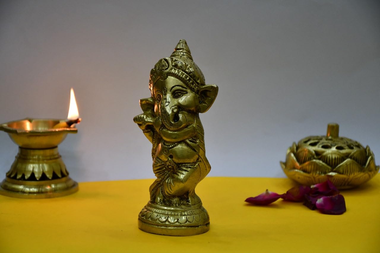 Brixus Brass Ganesh Idol, 14 Cm, Baby Ganesha Playing Flute, Standing Position Statue