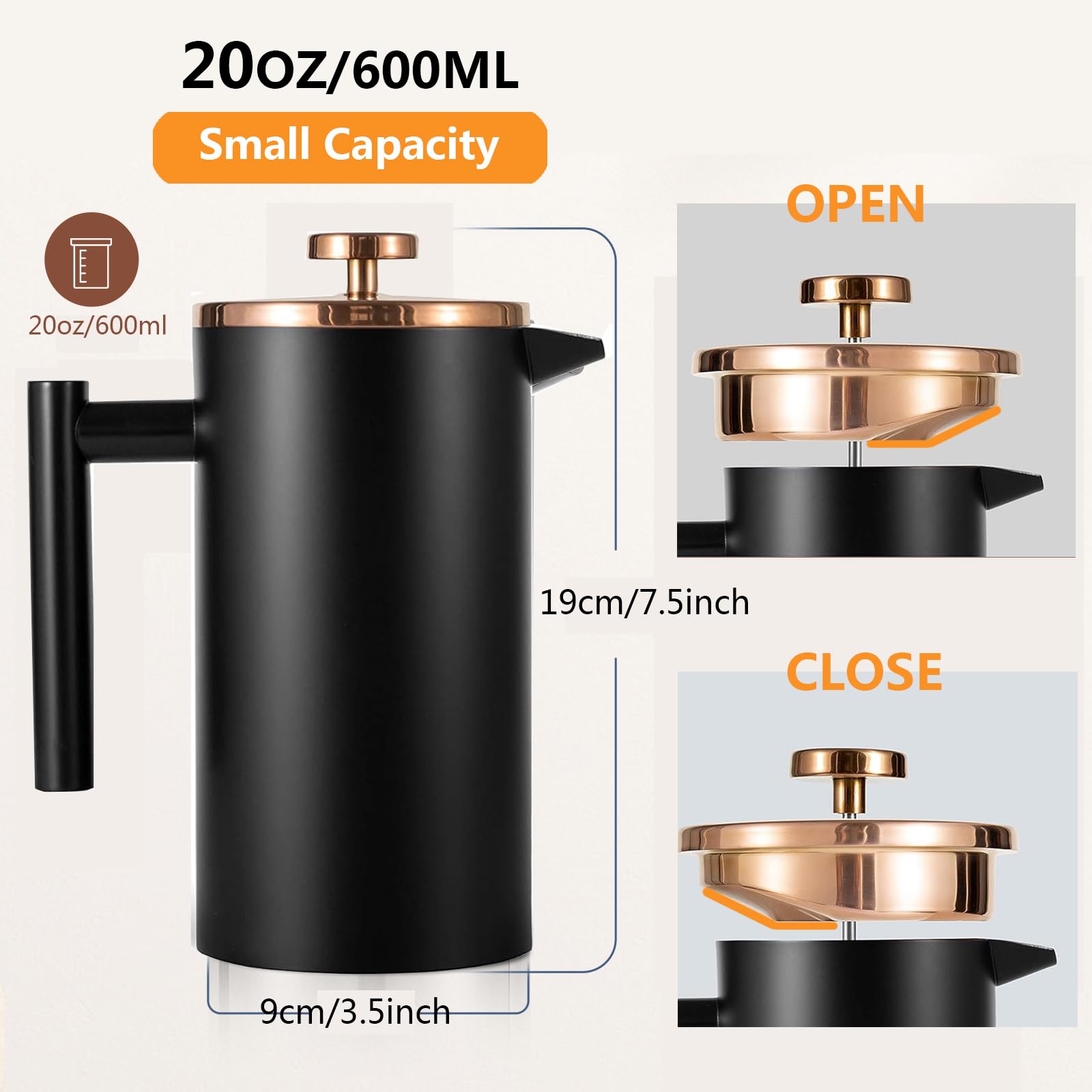 Meelio Small French Press Coffee Maker 600Ml, Black Double-Wall Insulated French Press Coffee Press Stainless Steel For Travel C