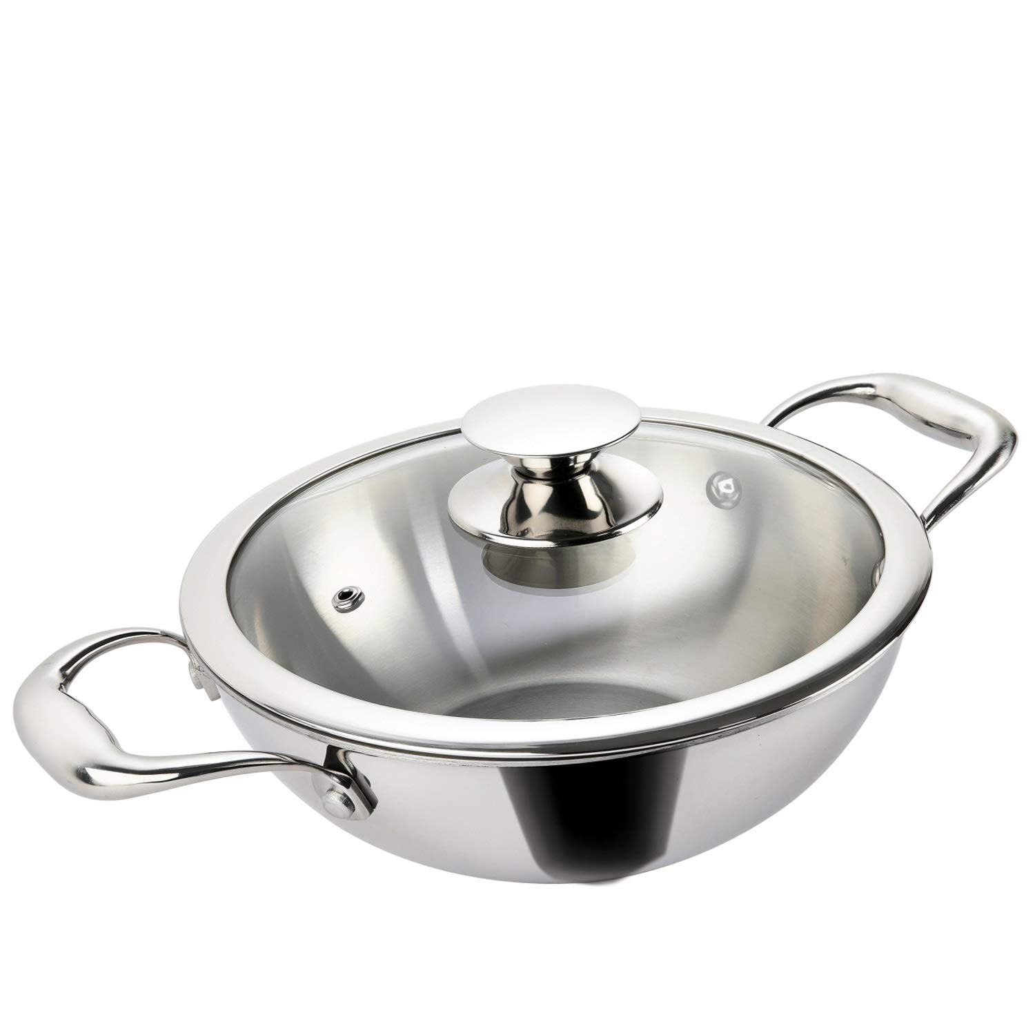Alda Vitale Tri-Ply Stainless Steel Wok Pan Kadhai 20 Cm 1.7 Ltr With Glass Lid