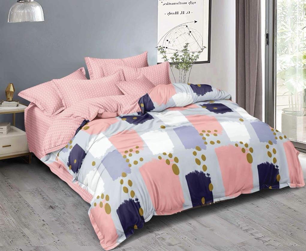 Furnistitchs King Size Bed Cover Elastic Fitted Bedsheet With 2 Pillow Covers (240 X 260 Cms, Pink Abstract)