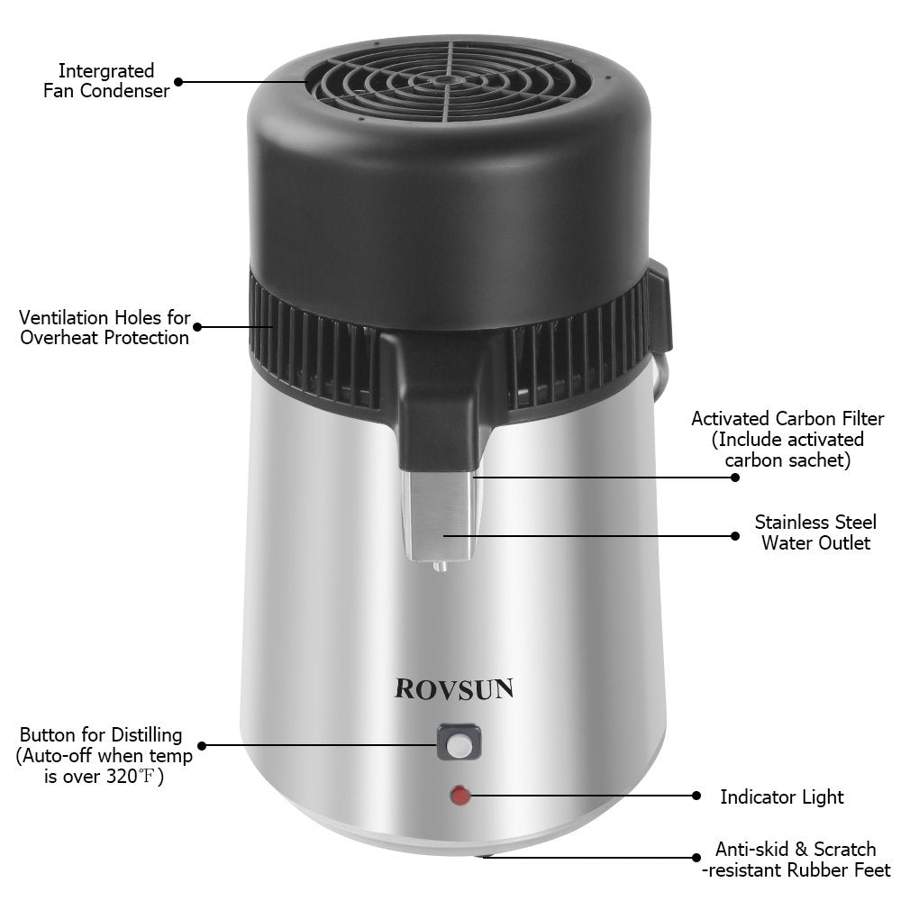 Rovsun?Upgraded?1.1 Gallon/4L Water Distiller Stainless Steel For Home, 750W Distilled Water Maker Machine, Water Distillers Cou