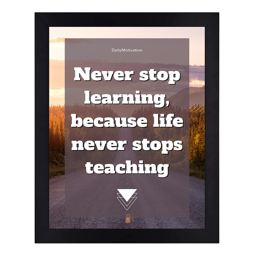 Interio Crafts Inspirational Wall Art Print, Never Stop Learning Quote, Sunset Mountain Scene, Black Frame Synthetic Wood - 13 X