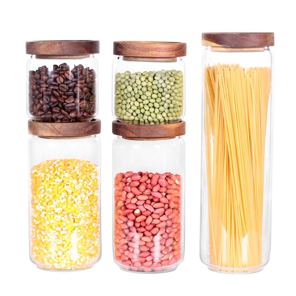 Glass Canisters Set of 5 for the kitchen, Glass Storage Container jars with Airtight Acacia Lid for Coffee Beans, Flour, Sugar, 