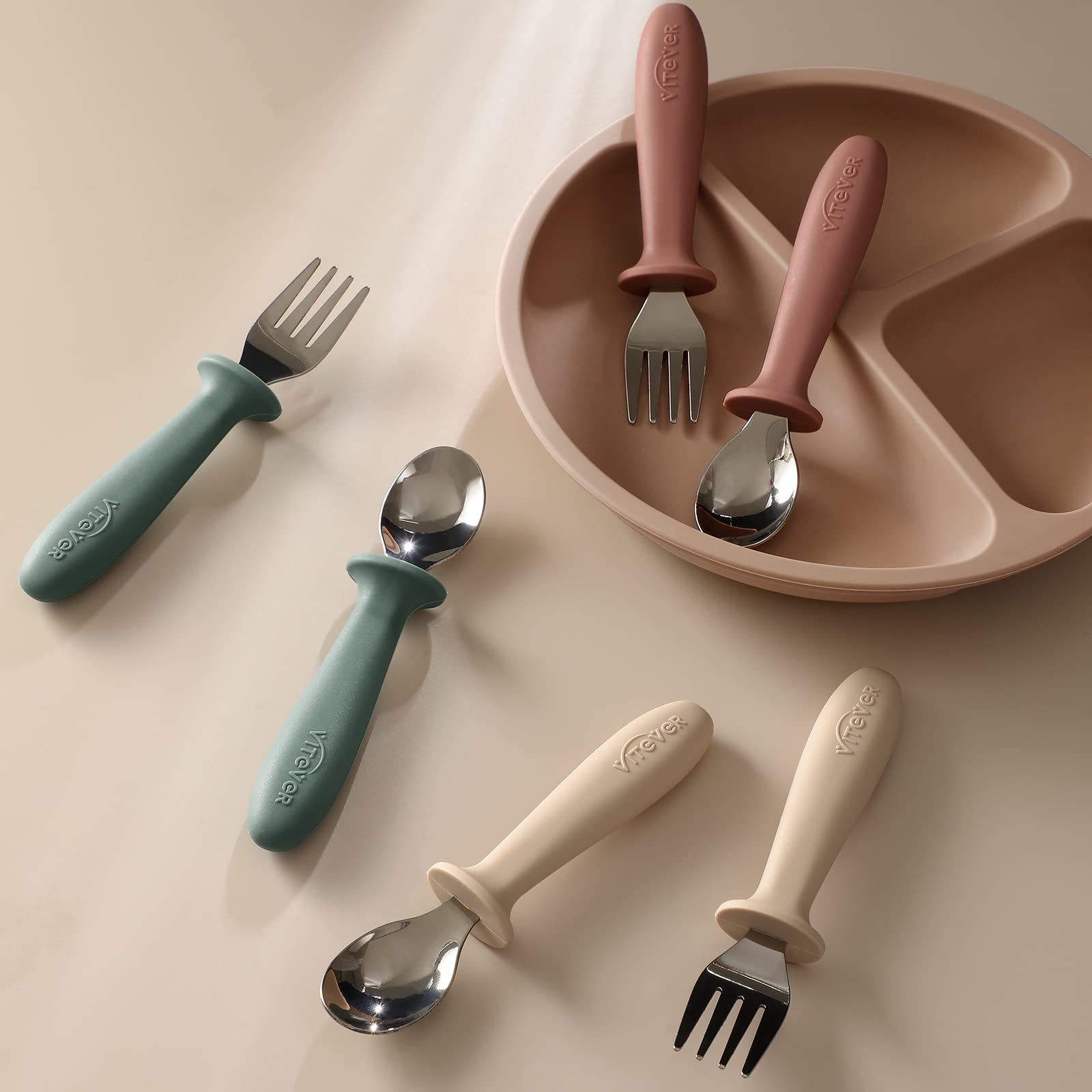 VITEVER 6 Pieces Toddler Utensils, Kids Silverware Set with Silicone Handle, Children Safe Spoons and Forks, 18/8 Stainless Stee