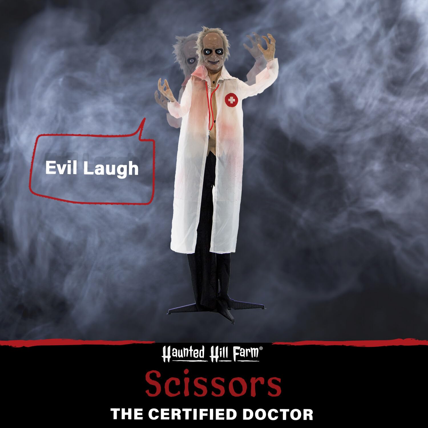 Haunted Hill Farm Life-Size Scary Doctor Animatronic with Touch Activated Lights and Sounds, Battery Operated Indoor or Covered