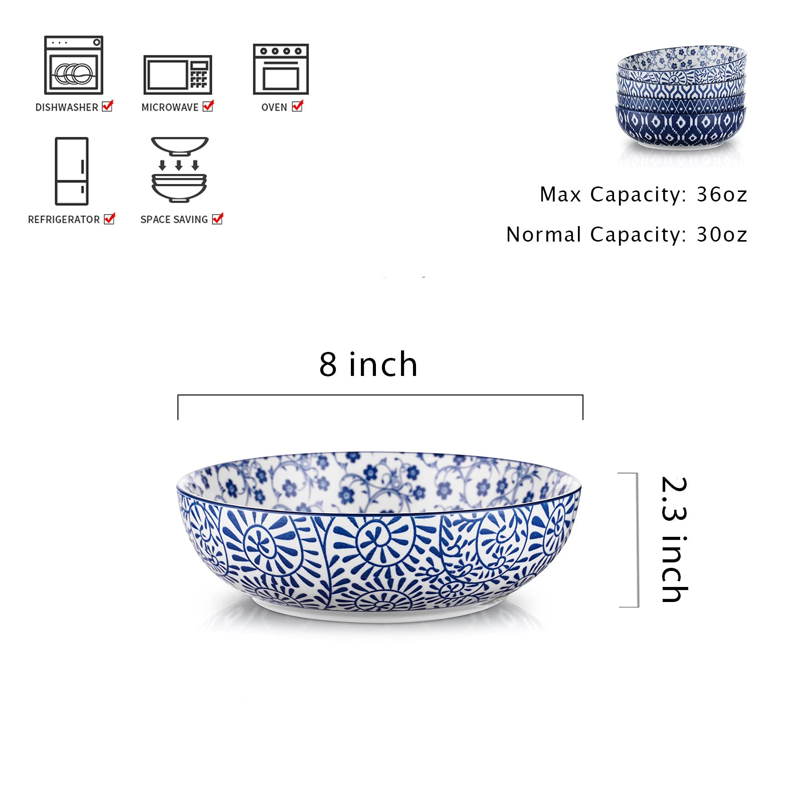 Selamica Ceramic Pasta Bowls Set of 4, 8 Inch Wide & Shallow, Vintage Blue, Microwave & Dishwasher Safe